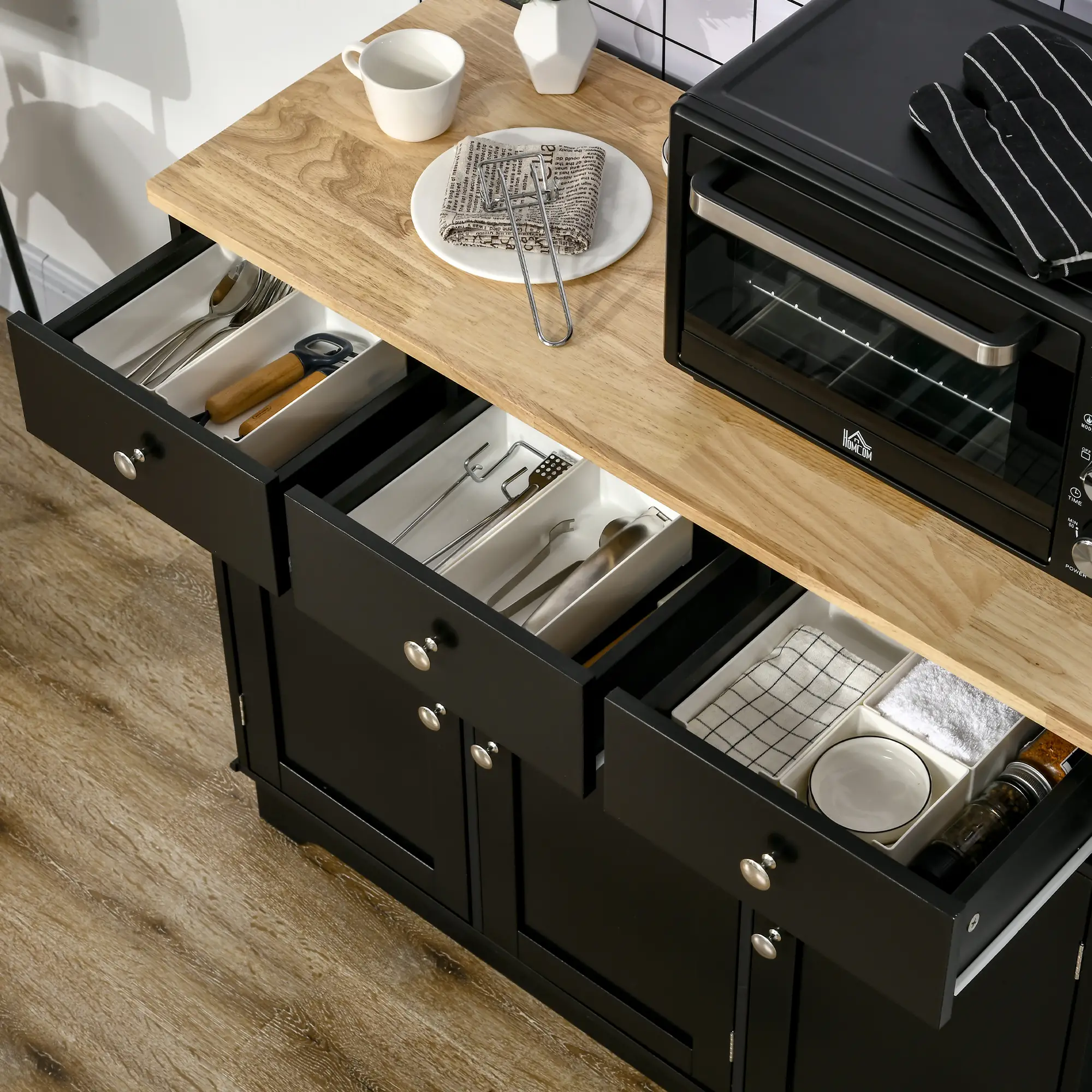 Modern Sideboard, Storage Cabinet with Drawers, Adjustable Shelves, Black - Image 10