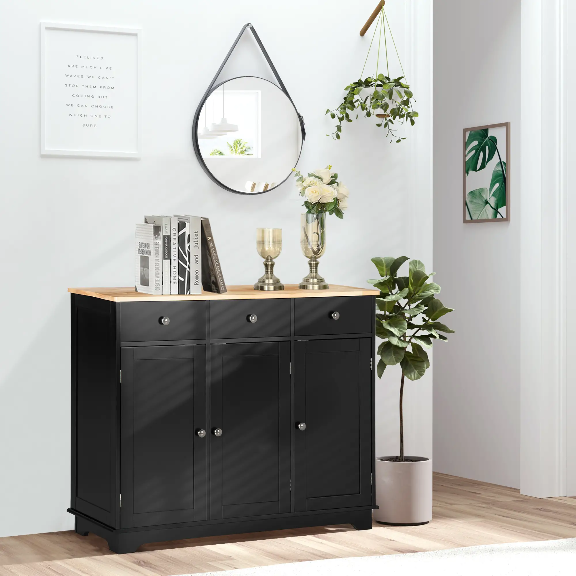 Modern Sideboard, Storage Cabinet with Drawers, Adjustable Shelves, Black - Image 2