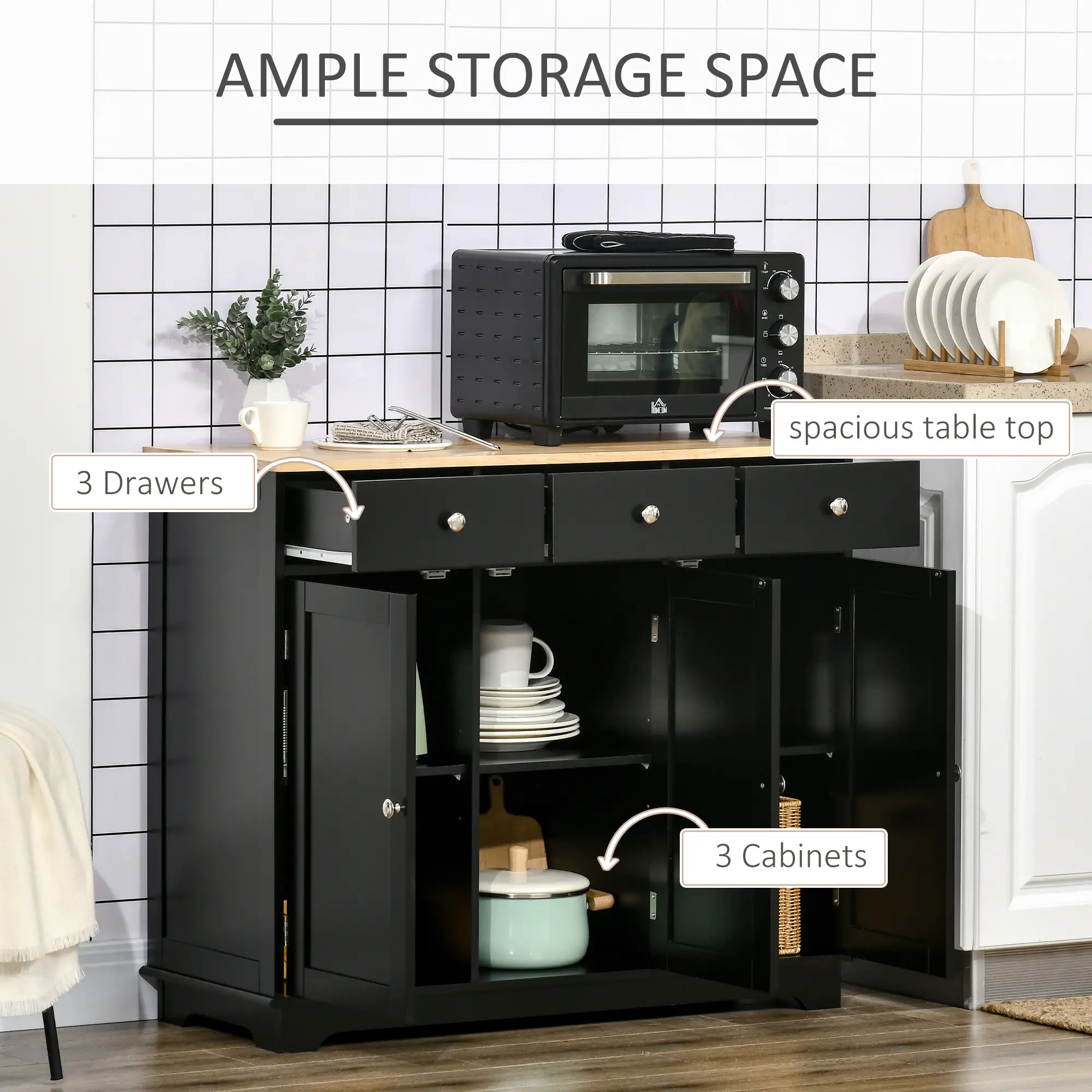 Modern Sideboard, Storage Cabinet with Drawers, Adjustable Shelves, Black - Image 4