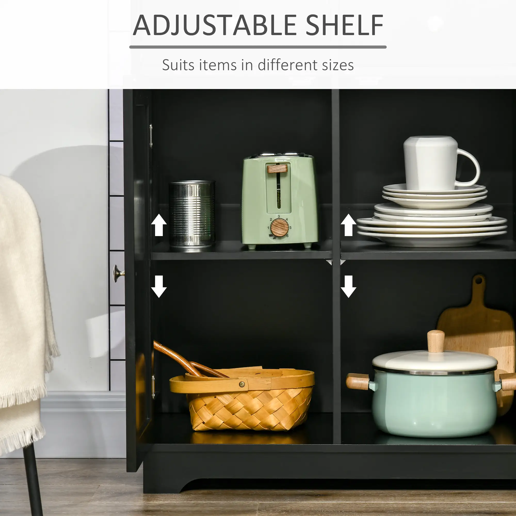 Modern Sideboard, Storage Cabinet with Drawers, Adjustable Shelves, Black - Image 5