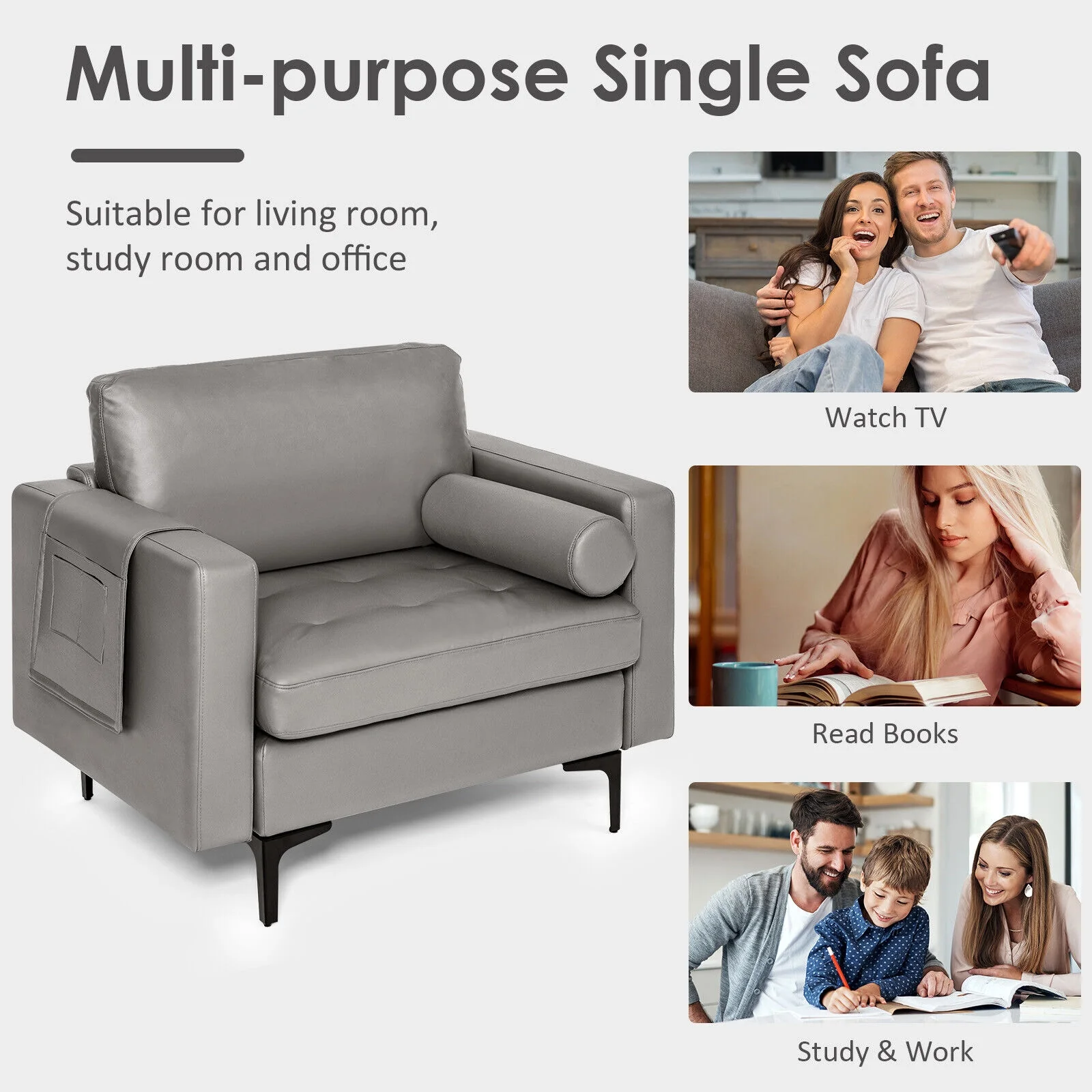 Modern Single Sofa With Storage Pocket, Light Gray - Image 10