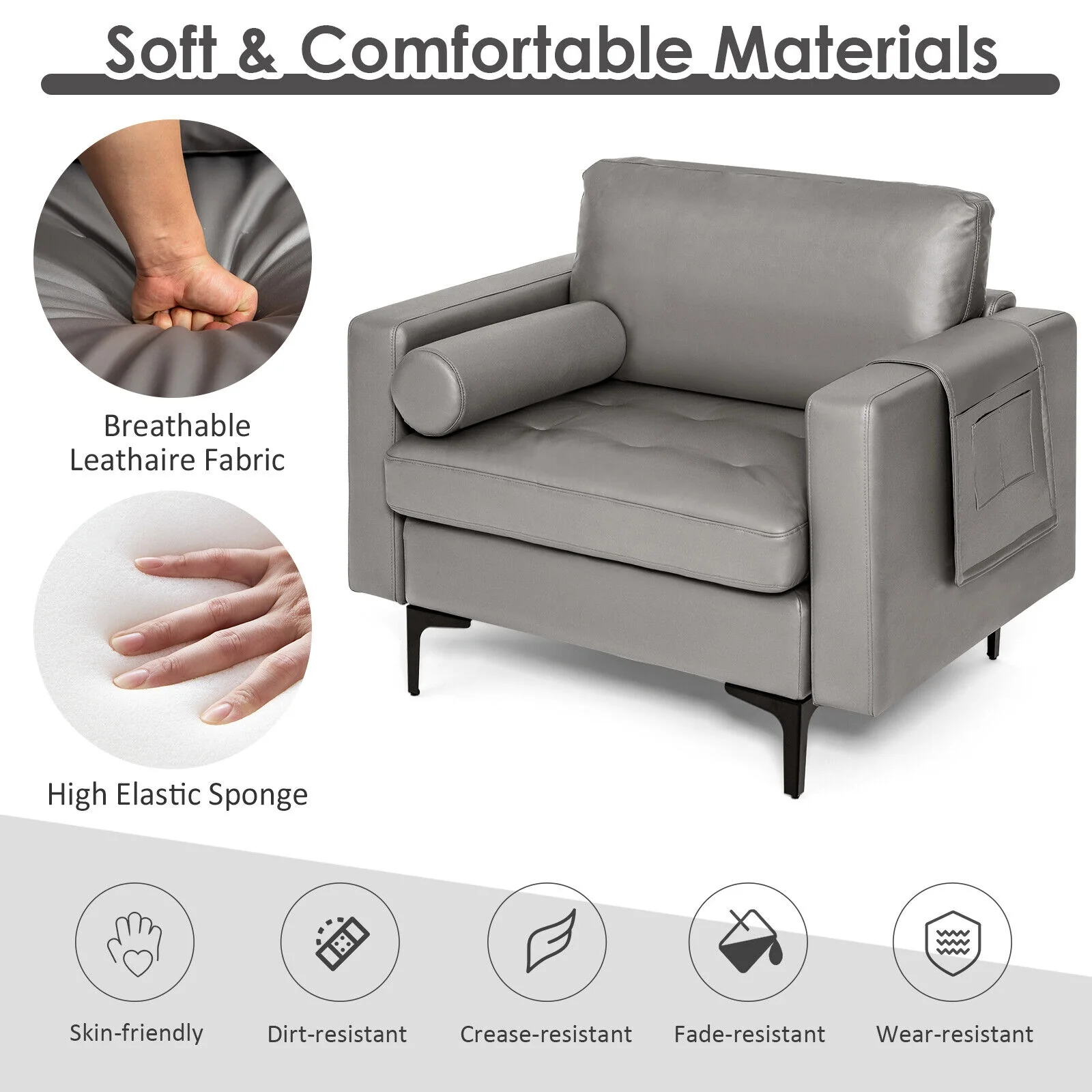 Modern Single Sofa With Storage Pocket, Light Gray - Image 7