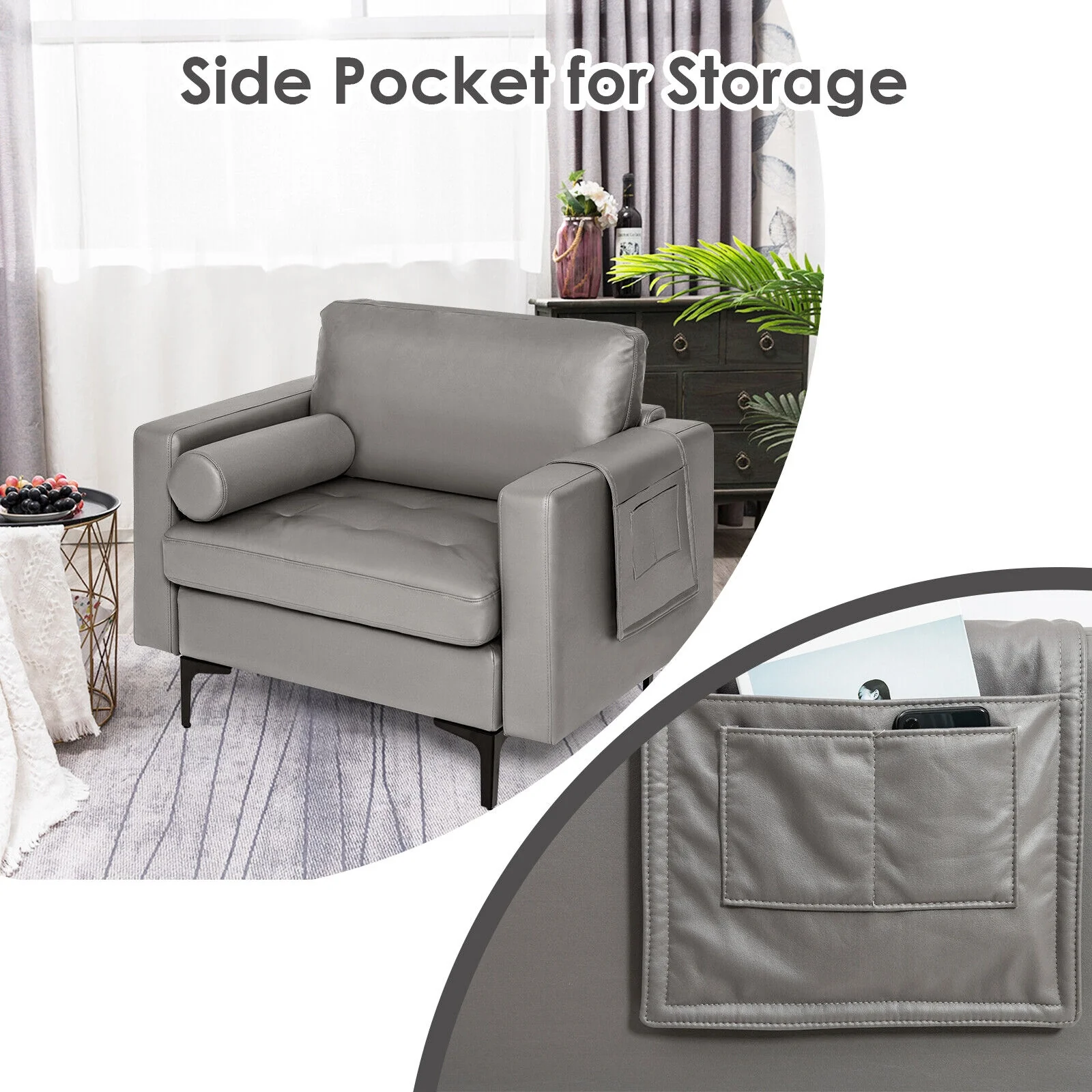 Modern Single Sofa With Storage Pocket, Light Gray - Image 8