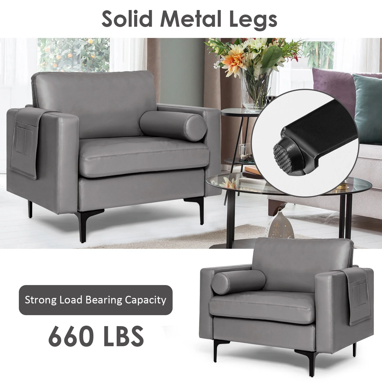 Modern Single Sofa With Storage Pocket, Light Gray - Image 9