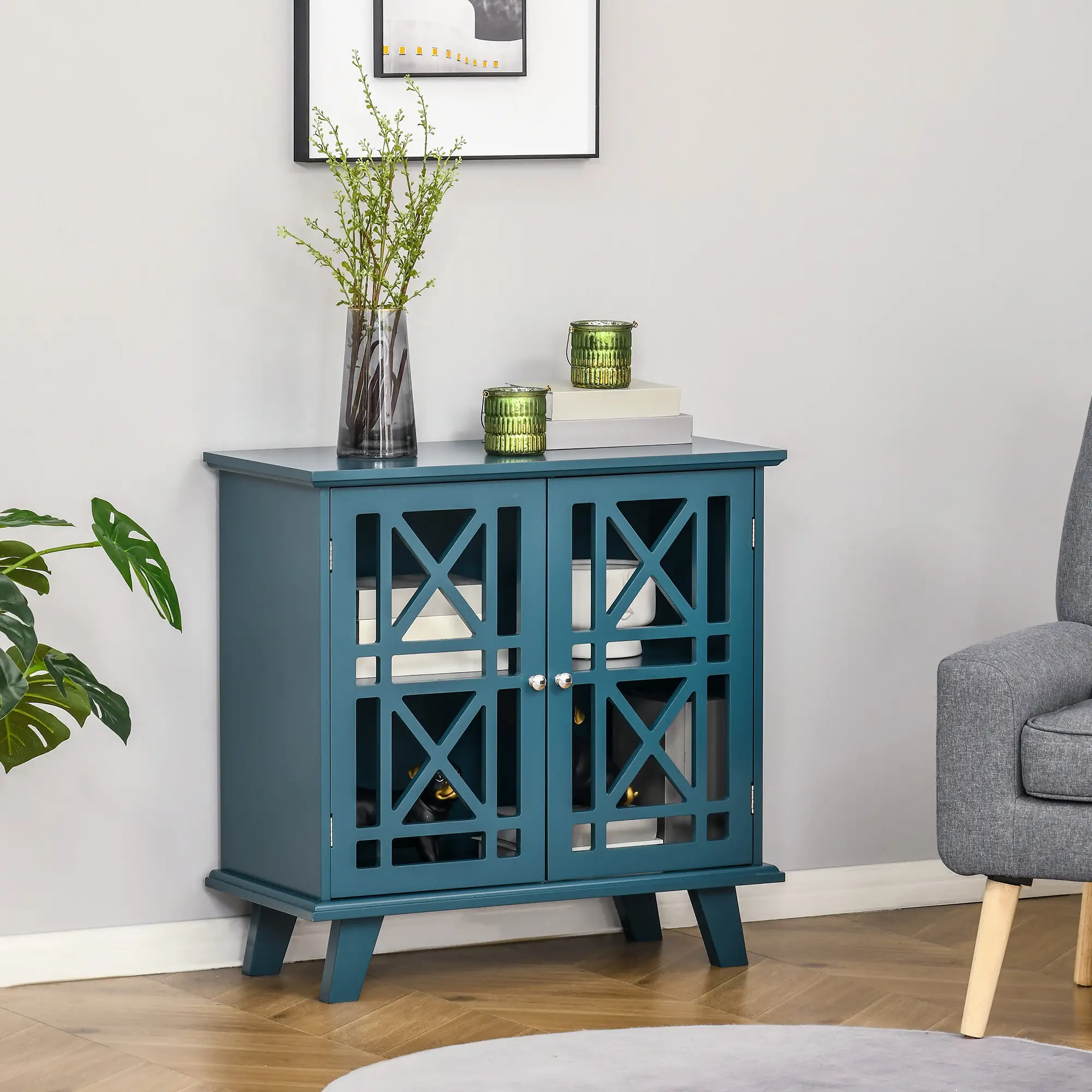Modern Storage Cabinet with Fretwork Doors, Shelf, Blue - Image 2