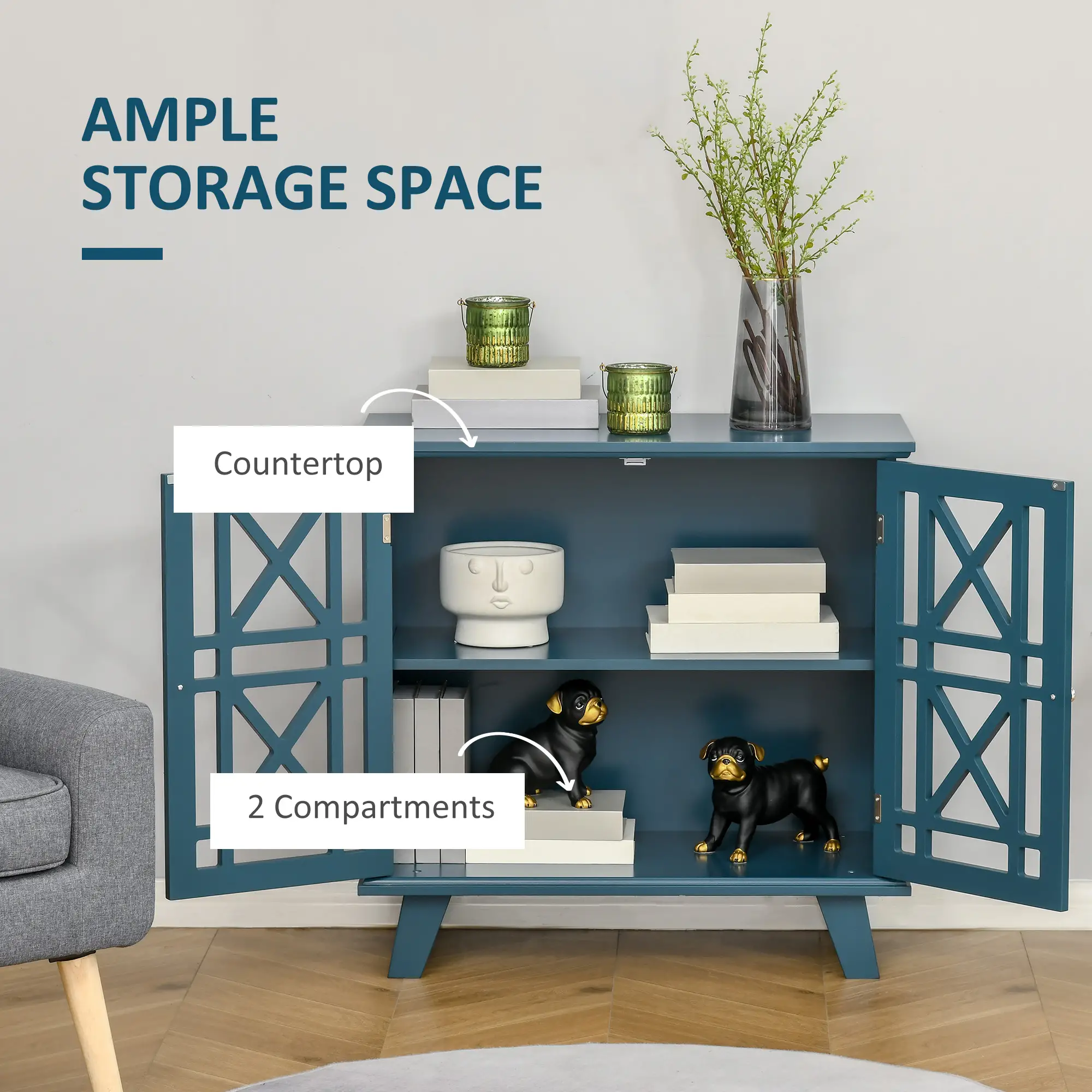 Modern Storage Cabinet with Fretwork Doors, Shelf, Blue - Image 4