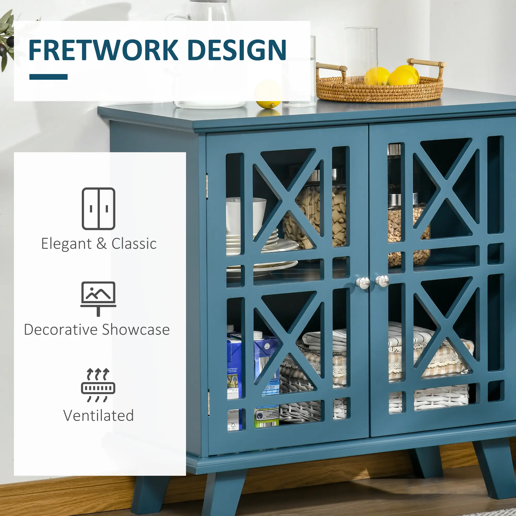 Modern Storage Cabinet with Fretwork Doors, Shelf, Blue - Image 5