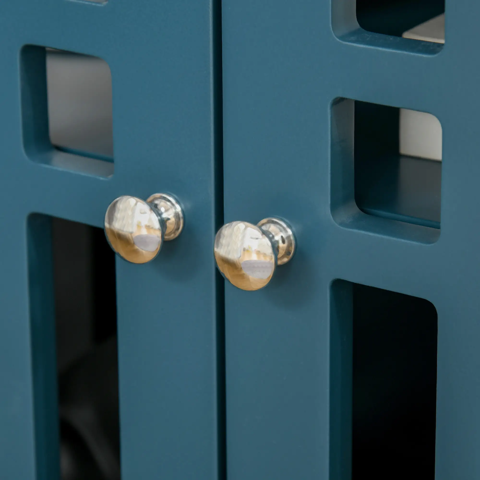 Modern Storage Cabinet with Fretwork Doors, Shelf, Blue - Image 7