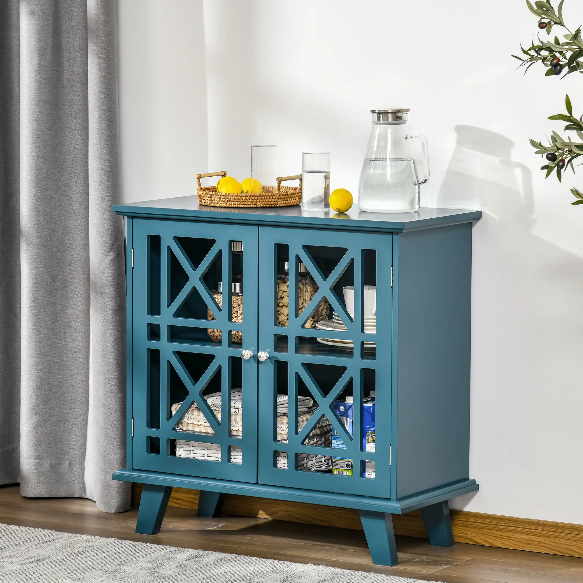 Modern Storage Cabinet with Fretwork Doors, Shelf, Blue - Image 8