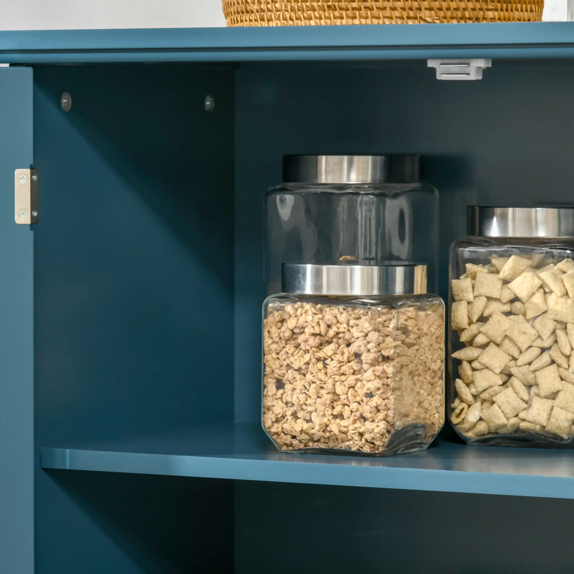 Modern Storage Cabinet with Fretwork Doors, Shelf, Blue - Image 9