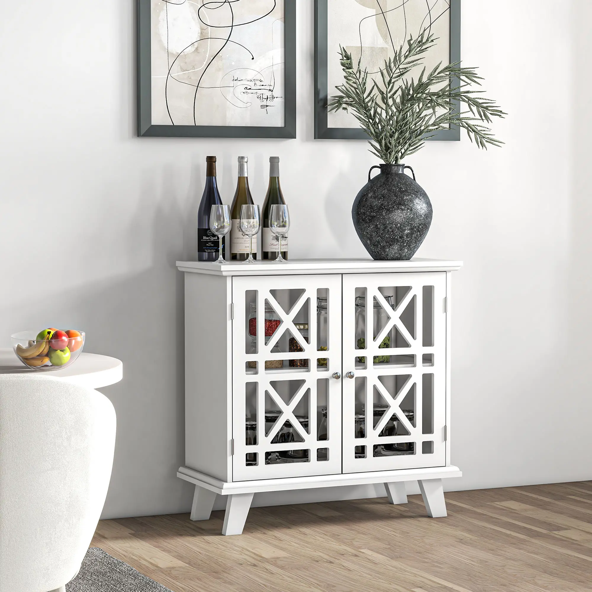 Modern Storage Cabinet with Fretwork Doors, Shelf, White - Image 2