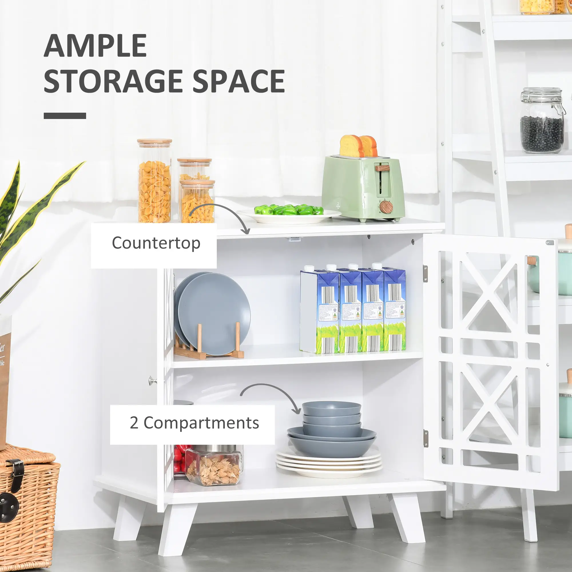 Modern Storage Cabinet with Fretwork Doors, Shelf, White - Image 4