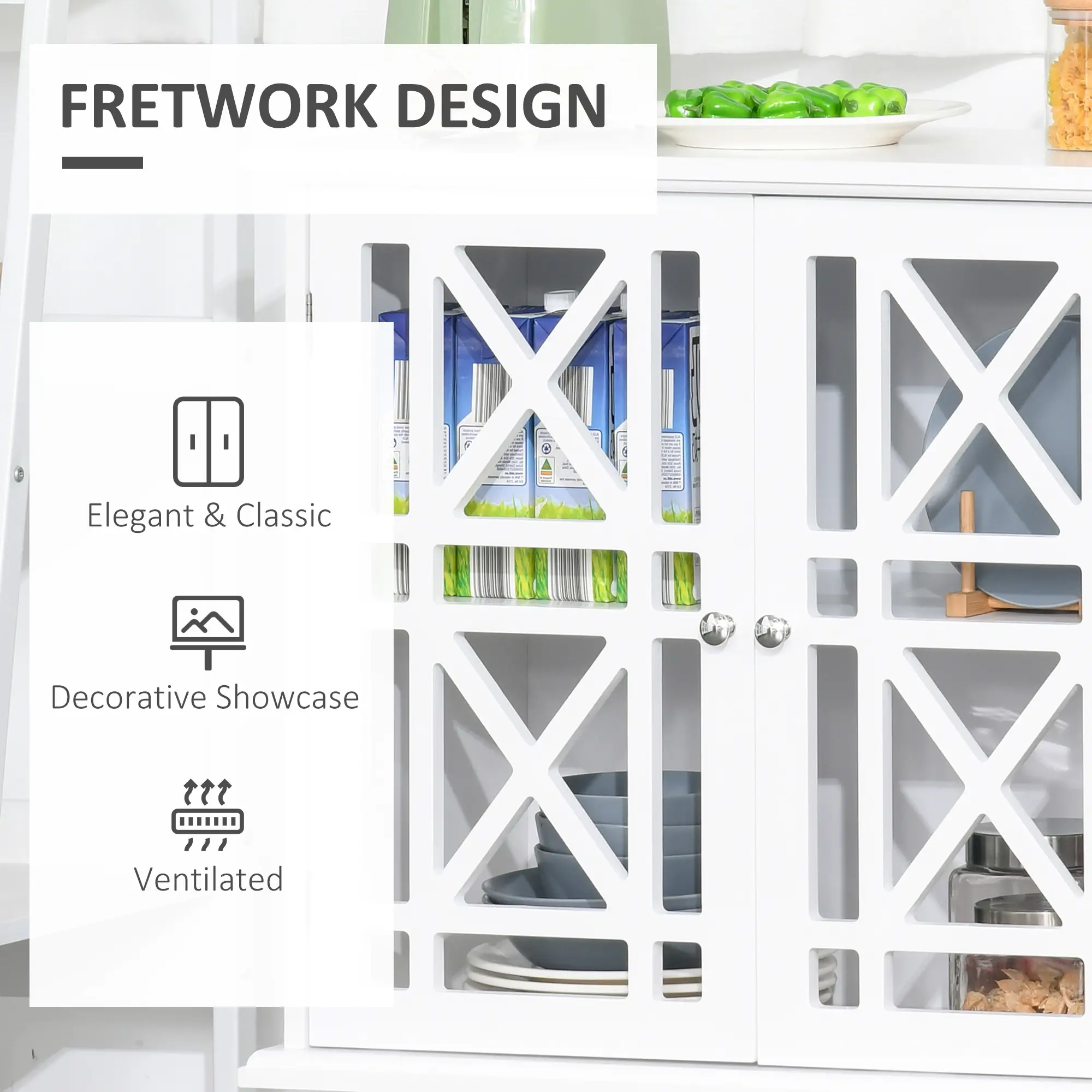 Modern Storage Cabinet with Fretwork Doors, Shelf, White - Image 5