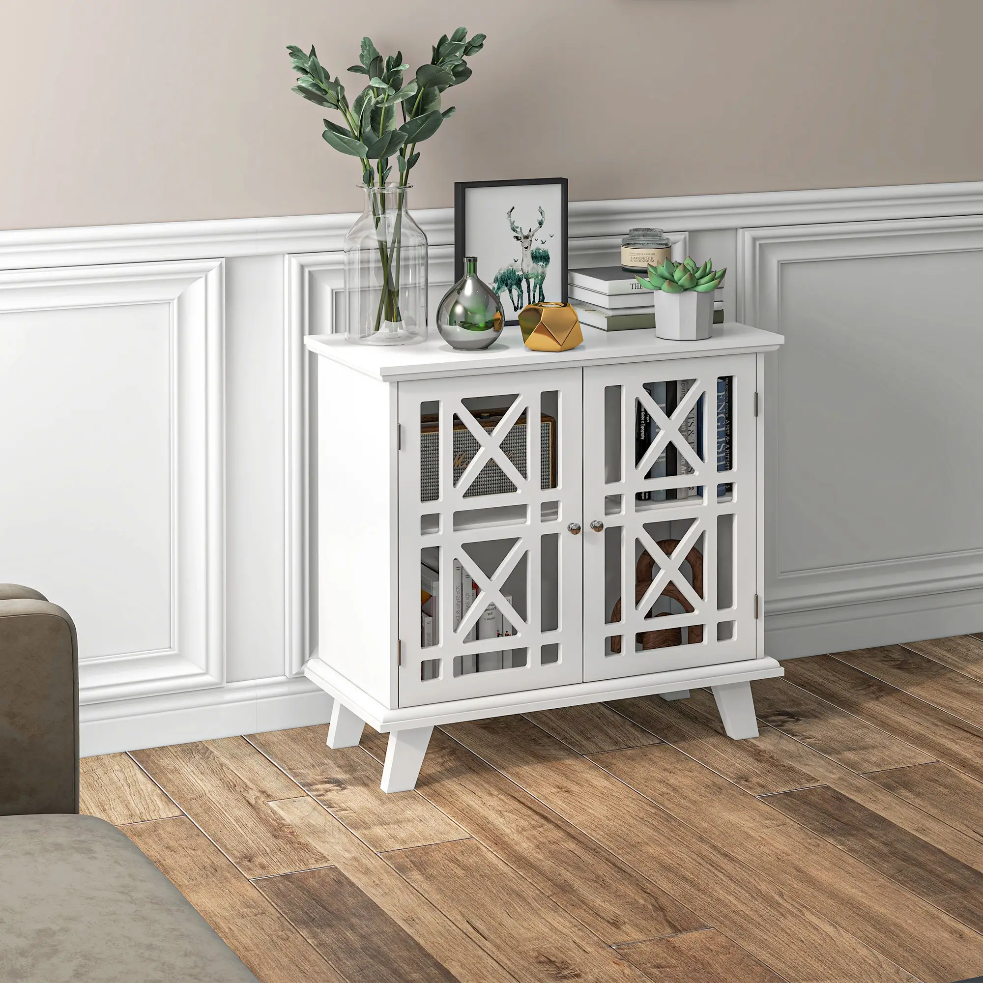 Modern Storage Cabinet with Fretwork Doors, Shelf, White - Image 7