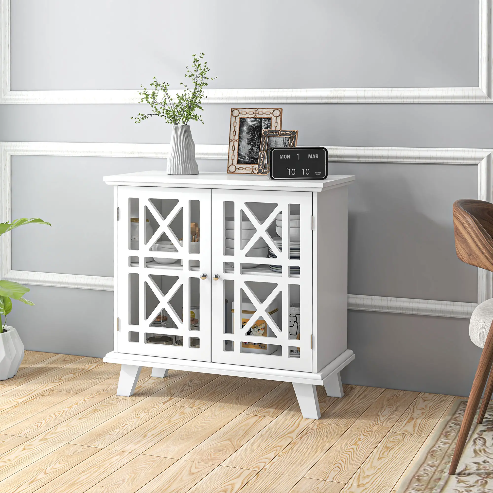 Modern Storage Cabinet with Fretwork Doors, Shelf, White - Image 8