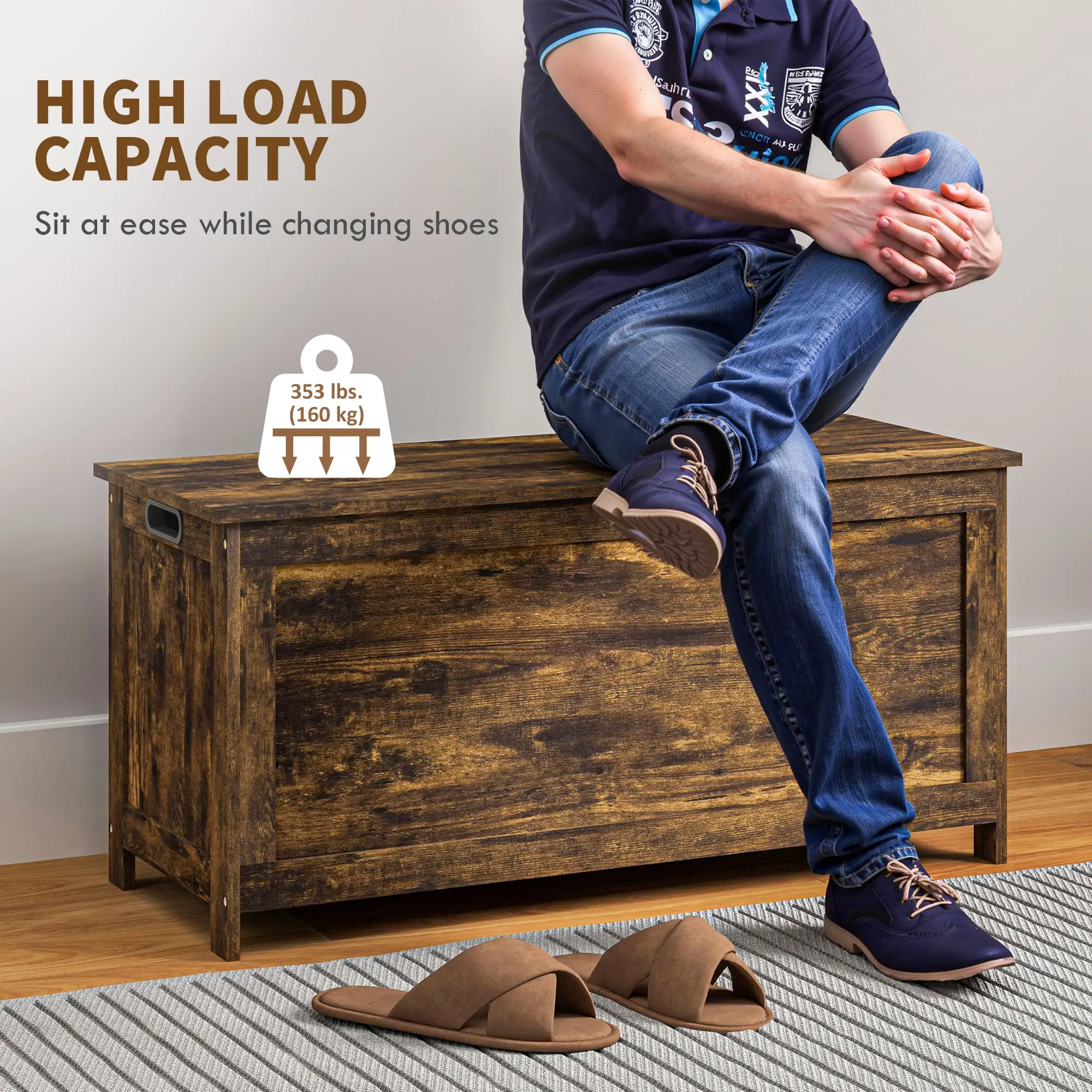 Modern Storage Trunk with Safety Hinges, Entryway Bench, Rustic Brown, Brown - Image 7