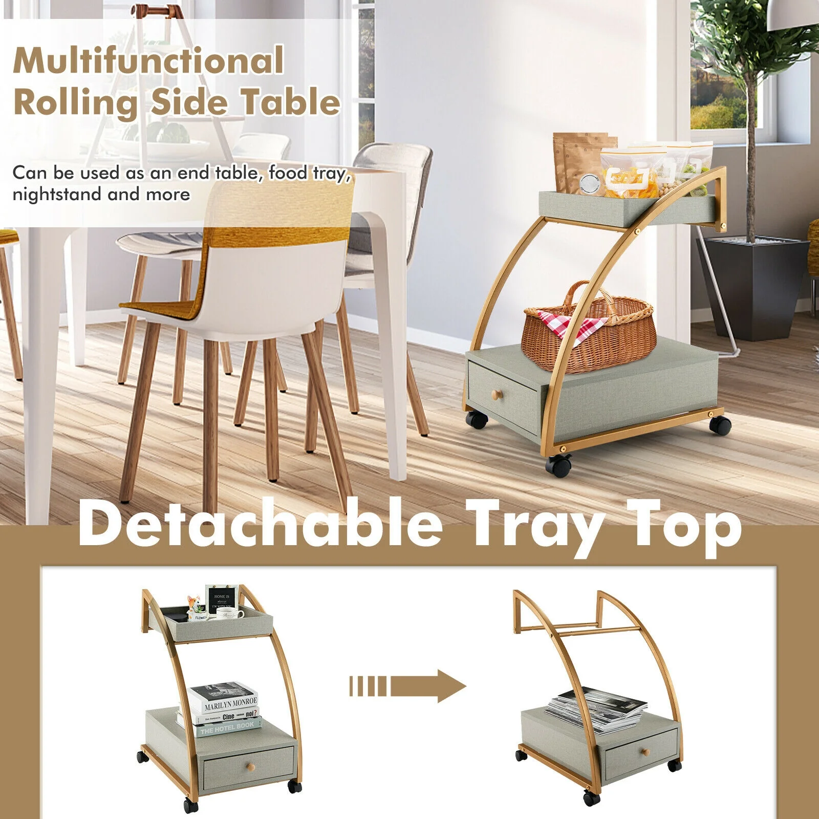 Modern Tray Top Rolling End Table, 4 Casters, Storage Drawer, Gray - Image 10