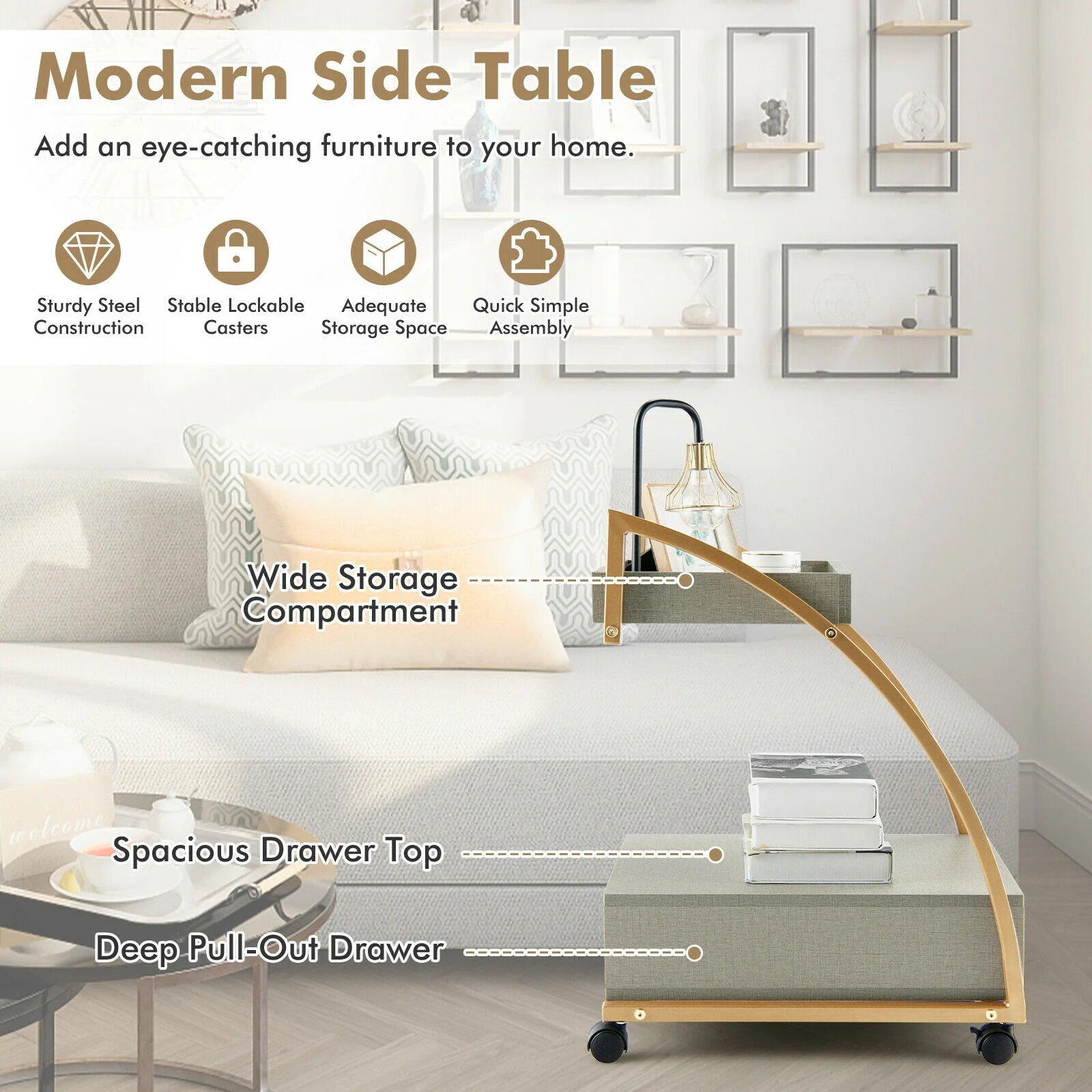 Modern Tray Top Rolling End Table, 4 Casters, Storage Drawer, Gray - Image 3