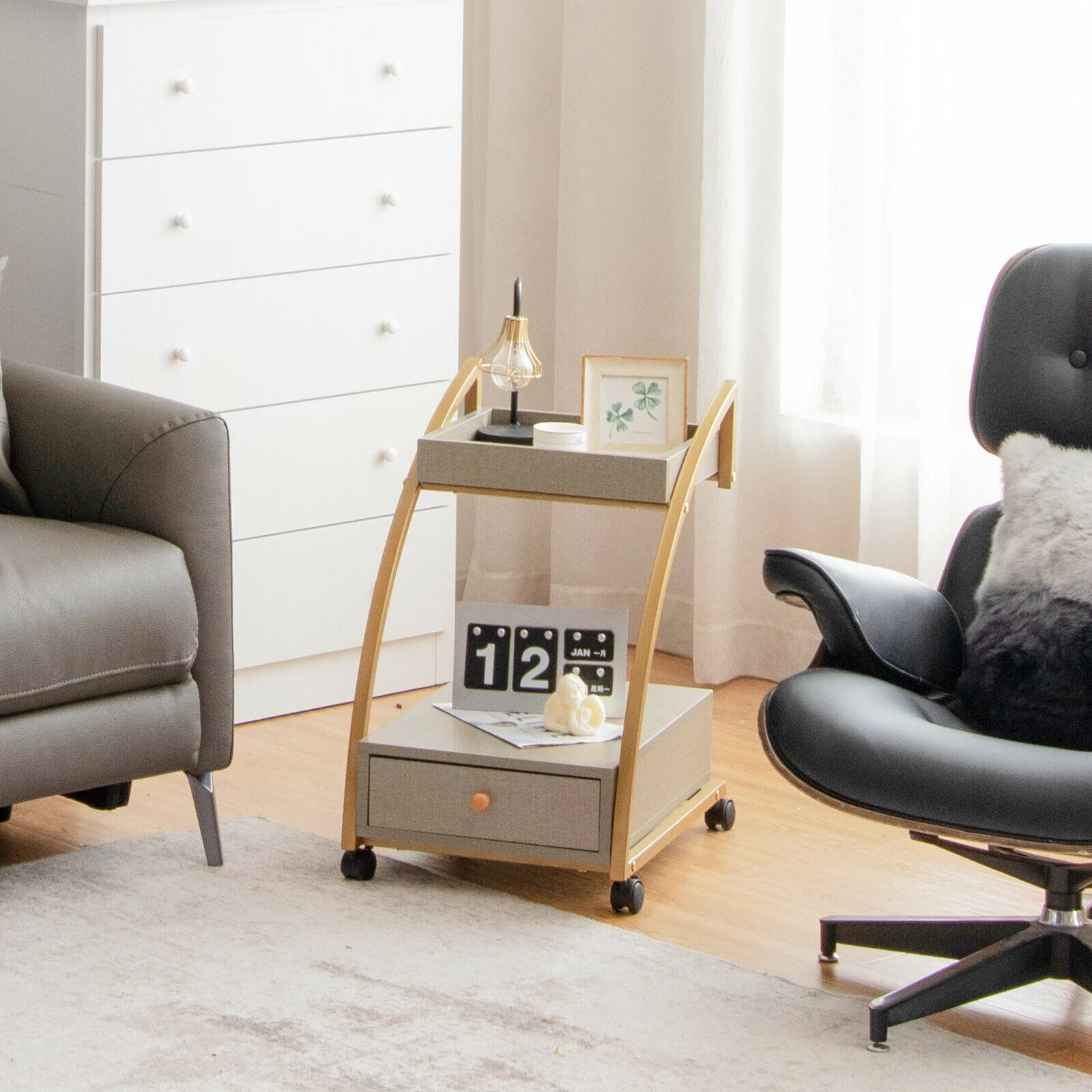 Modern Tray Top Rolling End Table, 4 Casters, Storage Drawer, Gray - Image 8