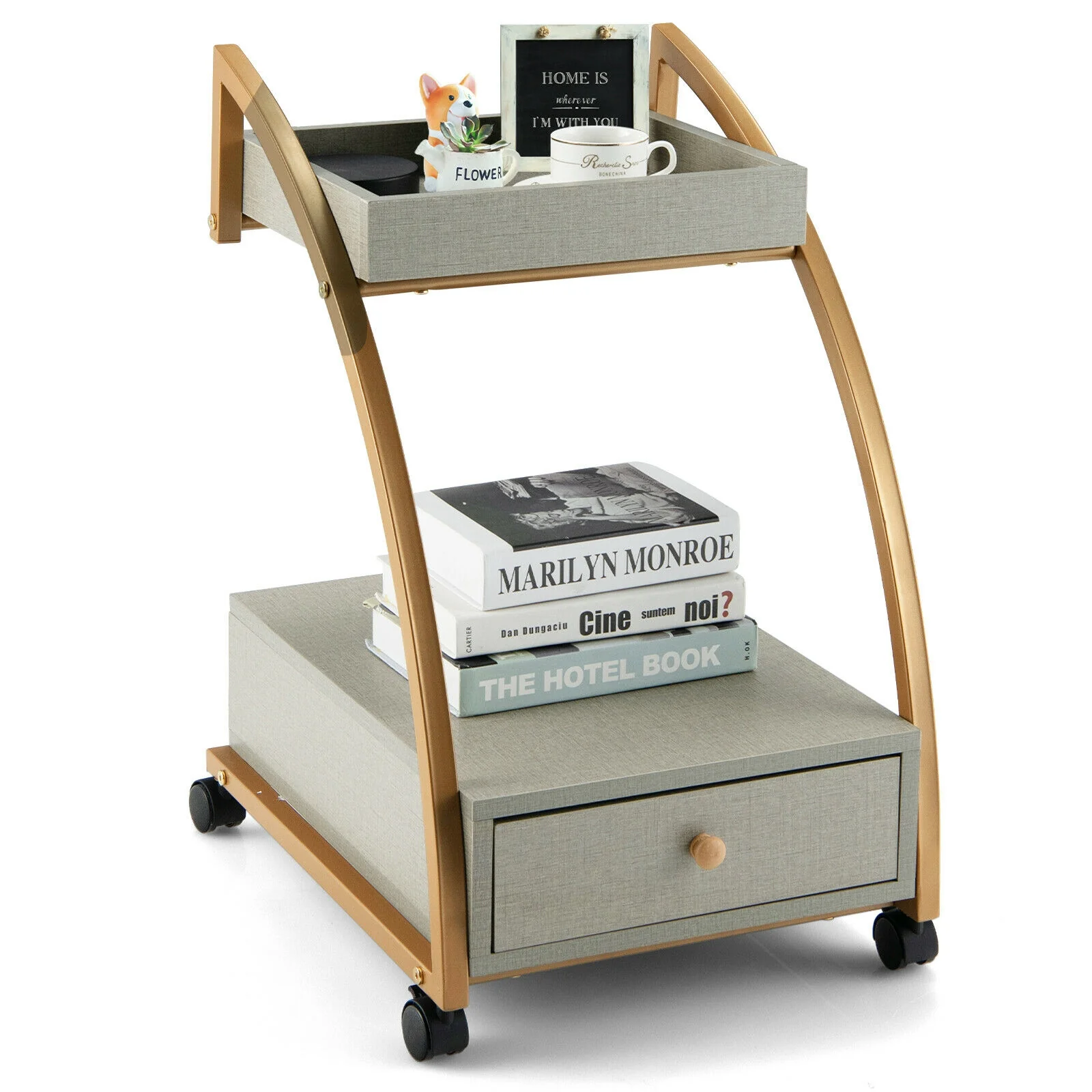 Modern Tray Top Rolling End Table, 4 Casters, Storage Drawer, Gray - Image 9