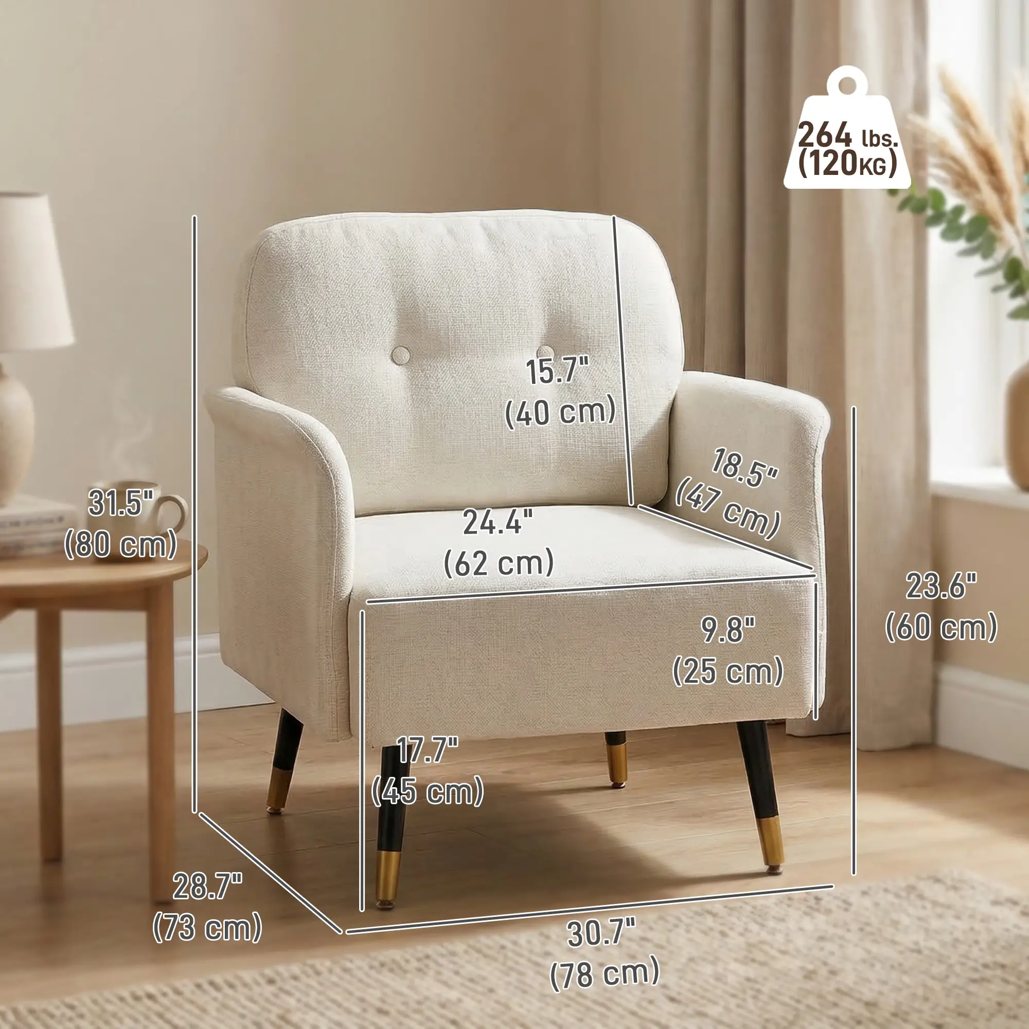 Modern Tufted Accent Chair, Metal Legs, Upholstered Reading Armchair, Cream White - Image 2