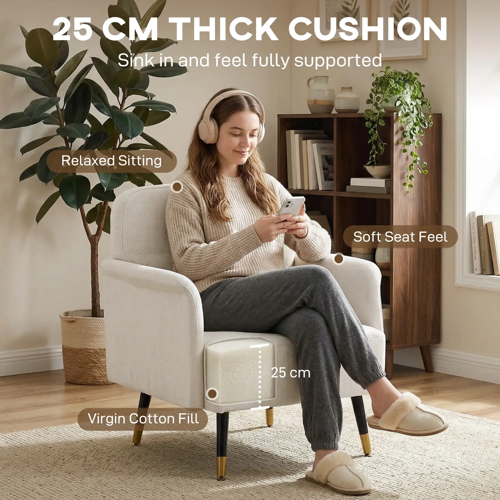 Modern Tufted Accent Chair, Metal Legs, Upholstered Reading Armchair, Cream White - Image 4