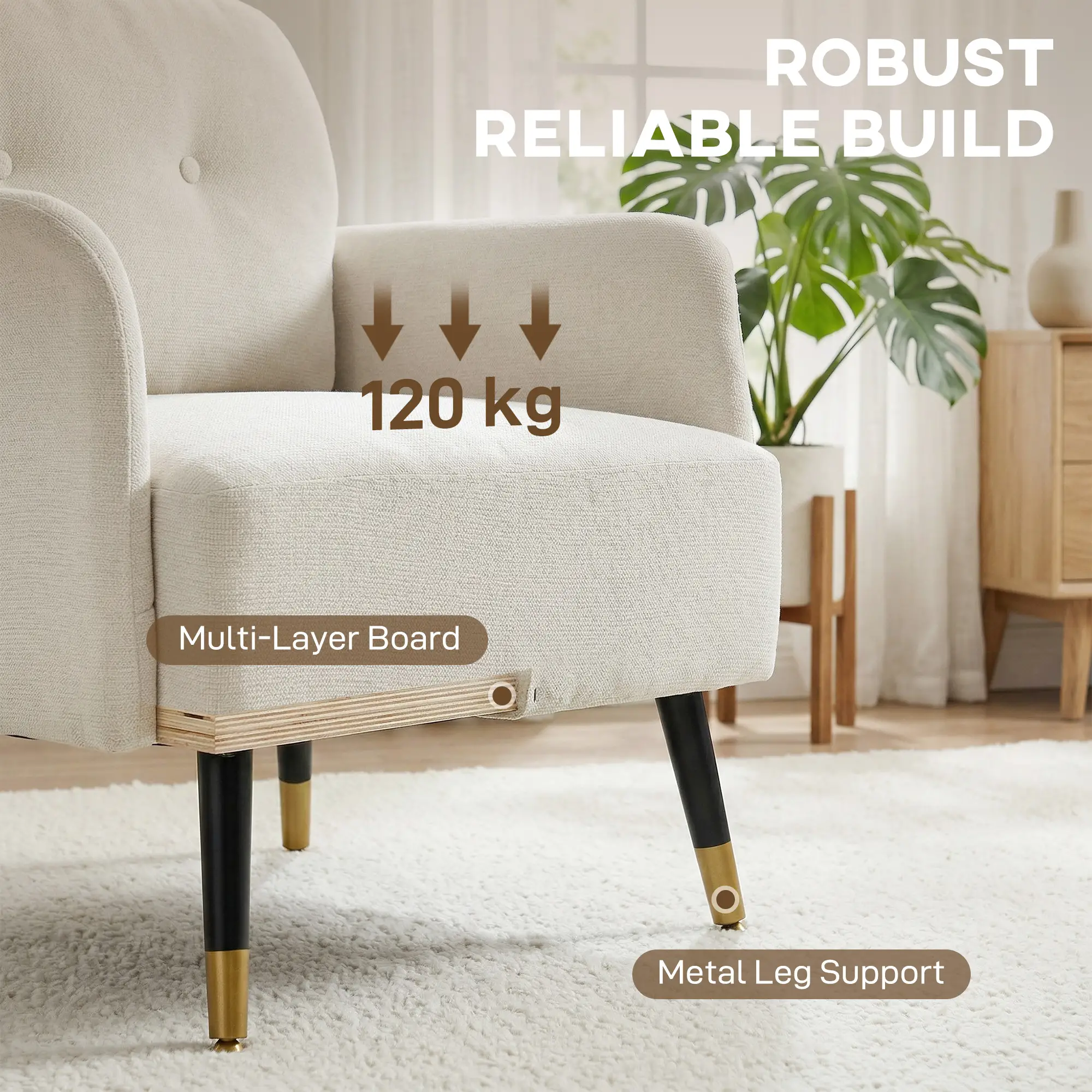 Modern Tufted Accent Chair, Metal Legs, Upholstered Reading Armchair, Cream White - Image 6