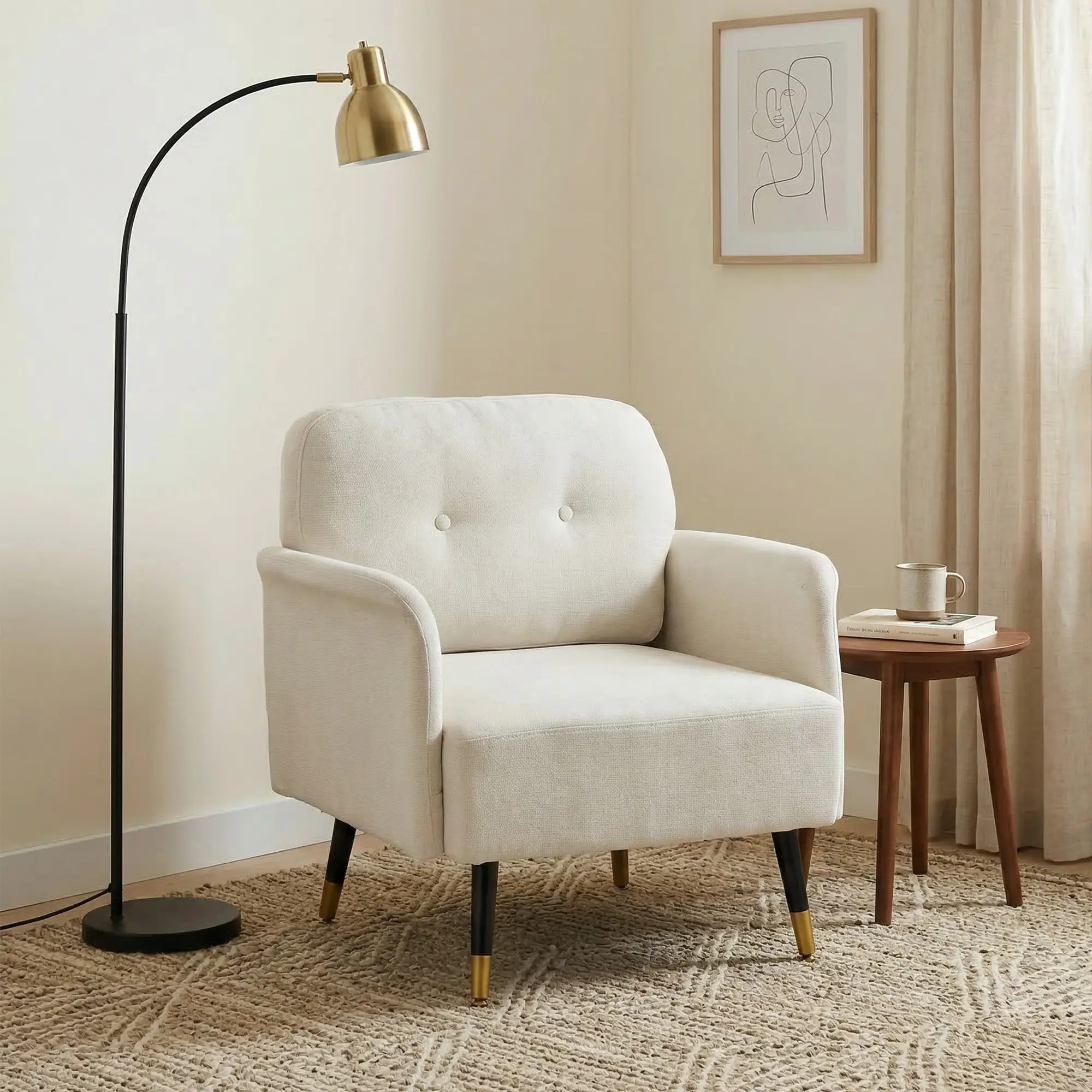Modern Tufted Accent Chair, Metal Legs, Upholstered Reading Armchair, Cream White - Image 9