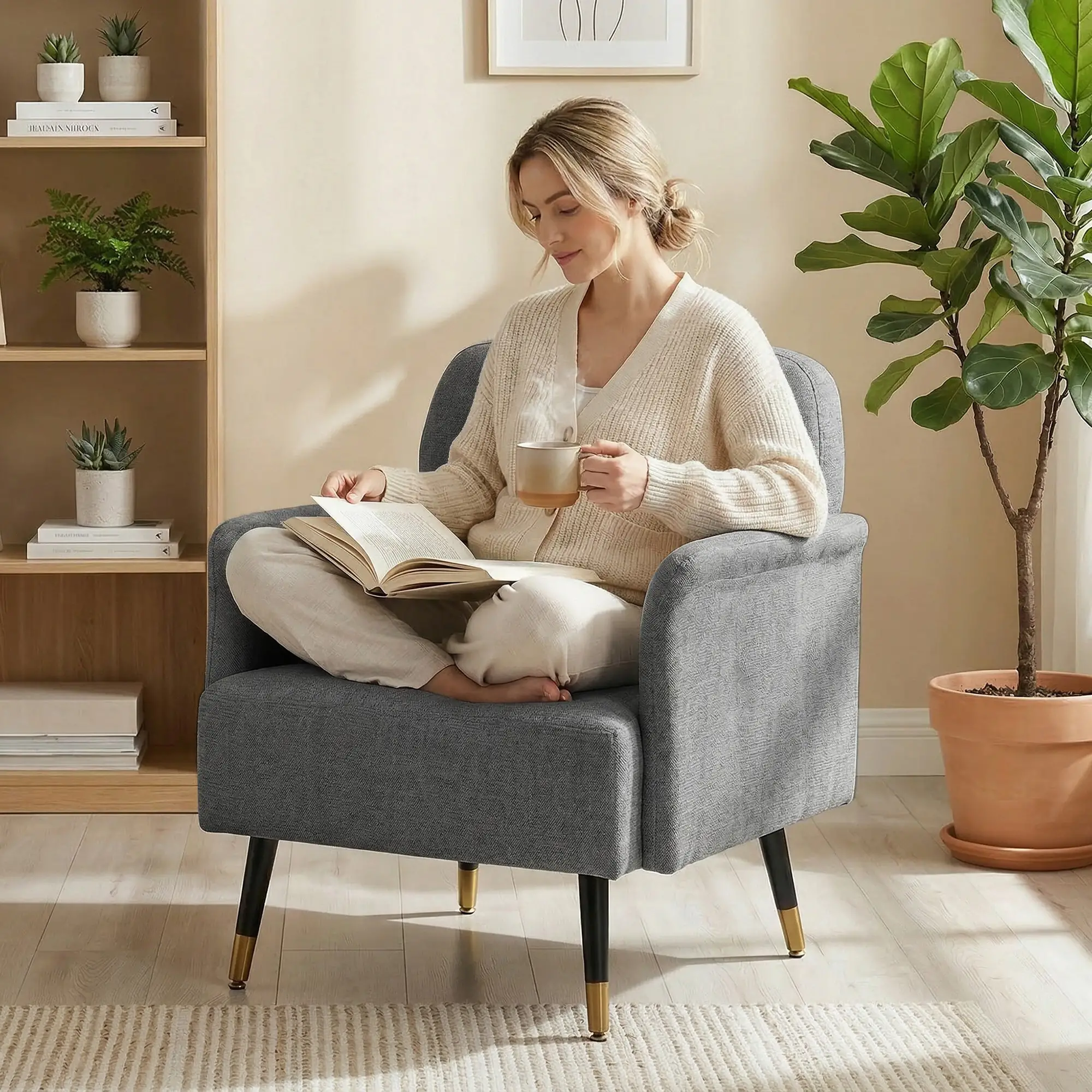 Modern Tufted Accent Chair, Metal Legs, Upholstered Reading Armchair, Grey - Image 2