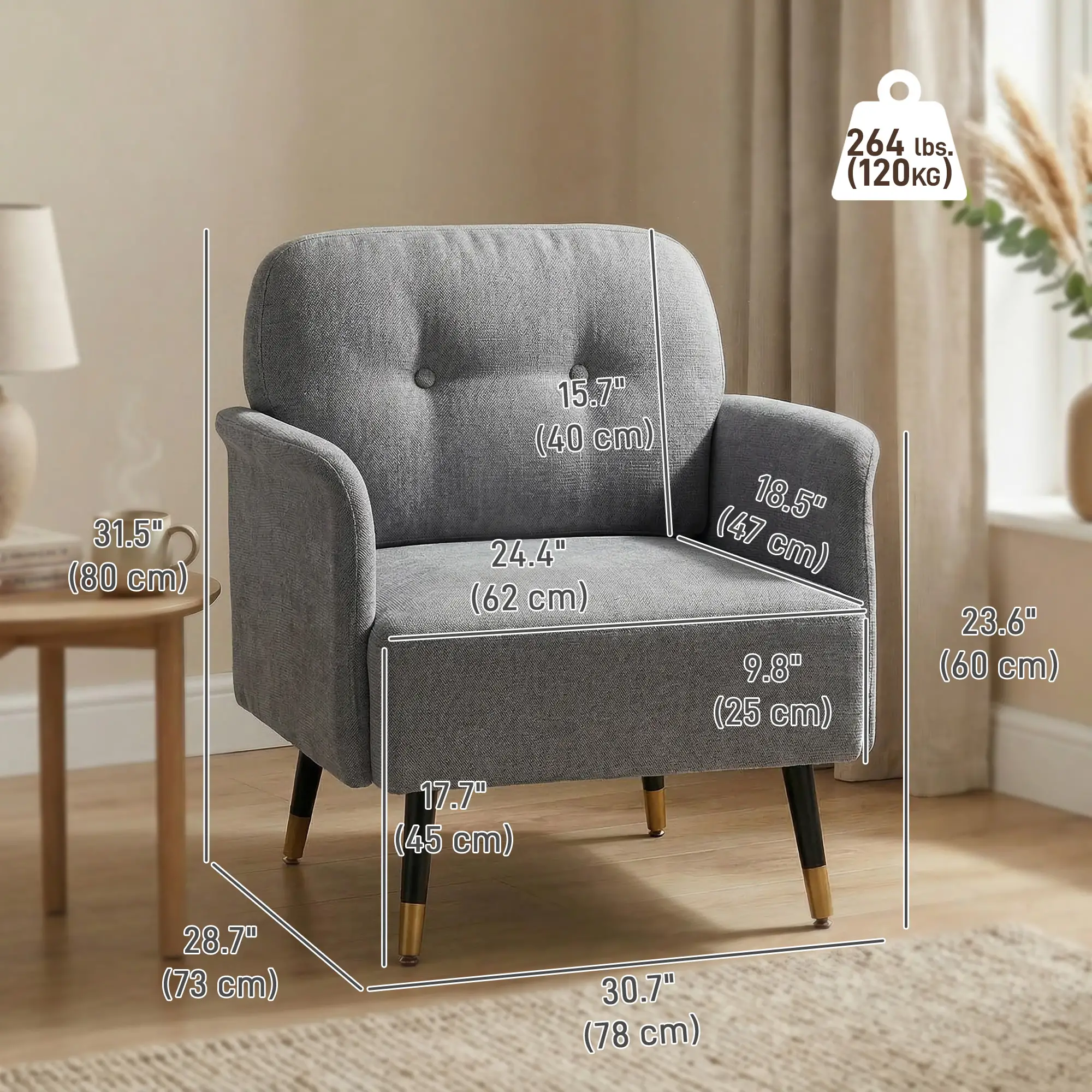 Modern Tufted Accent Chair, Metal Legs, Upholstered Reading Armchair, Grey - Image 3