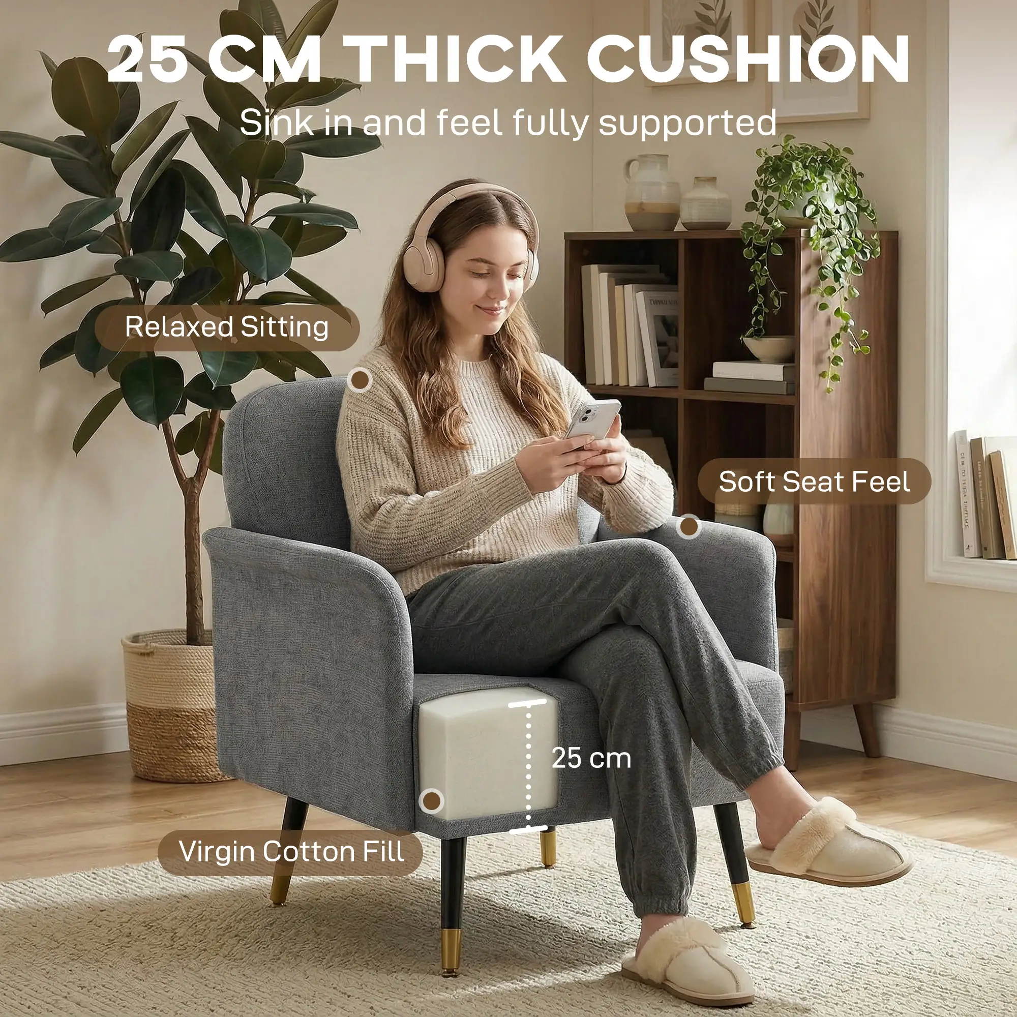 Modern Tufted Accent Chair, Metal Legs, Upholstered Reading Armchair, Grey - Image 5