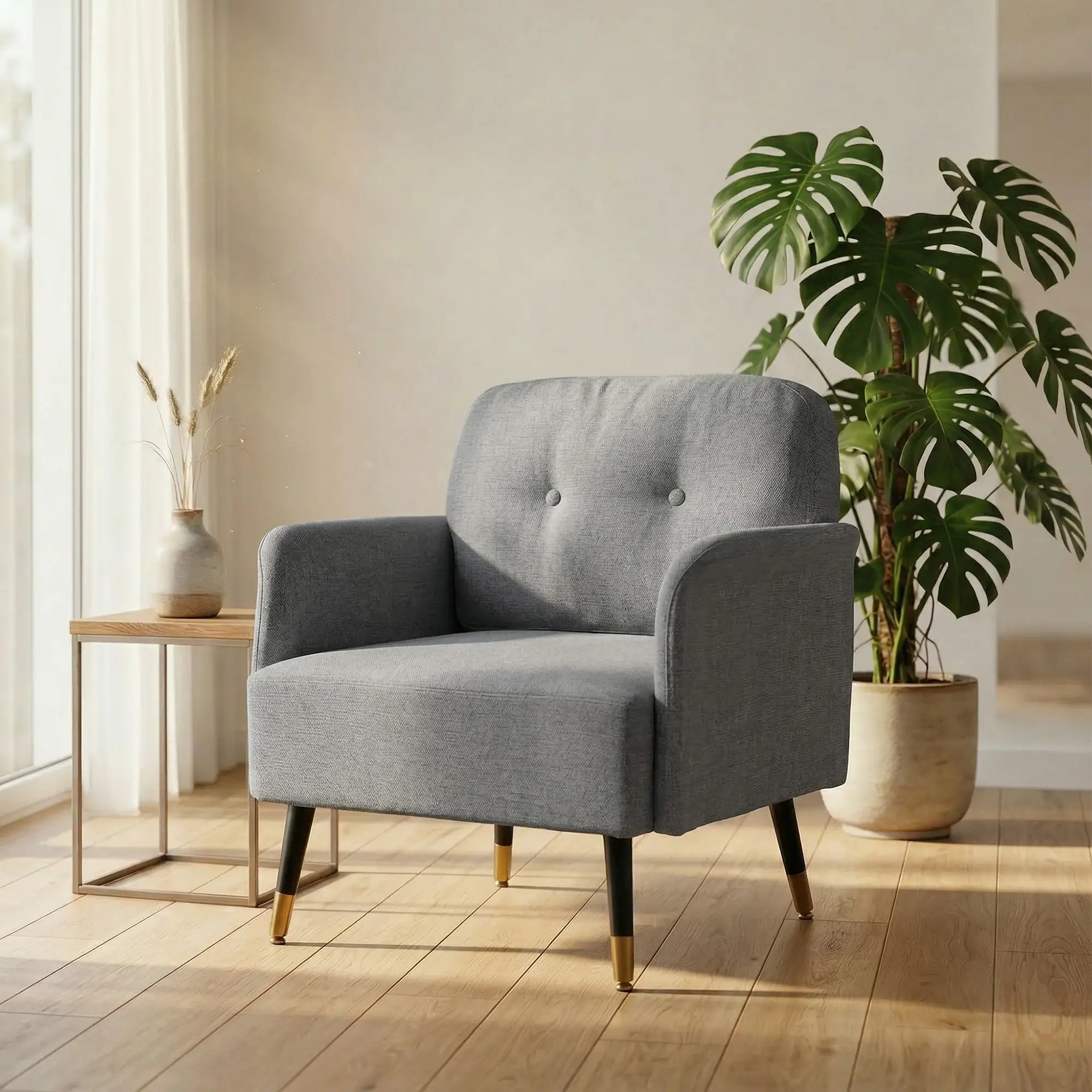 Modern Tufted Accent Chair, Metal Legs, Upholstered Reading Armchair, Grey - Image 9