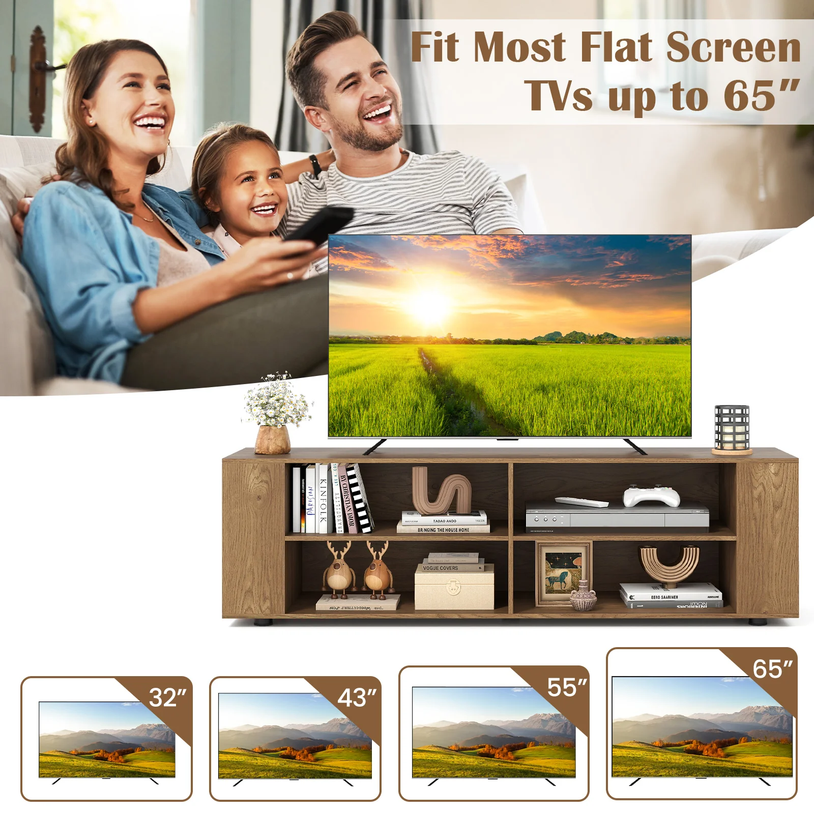 Modern TV Stand, Wood Storage Console Entertainment Center, Natural - Image 10