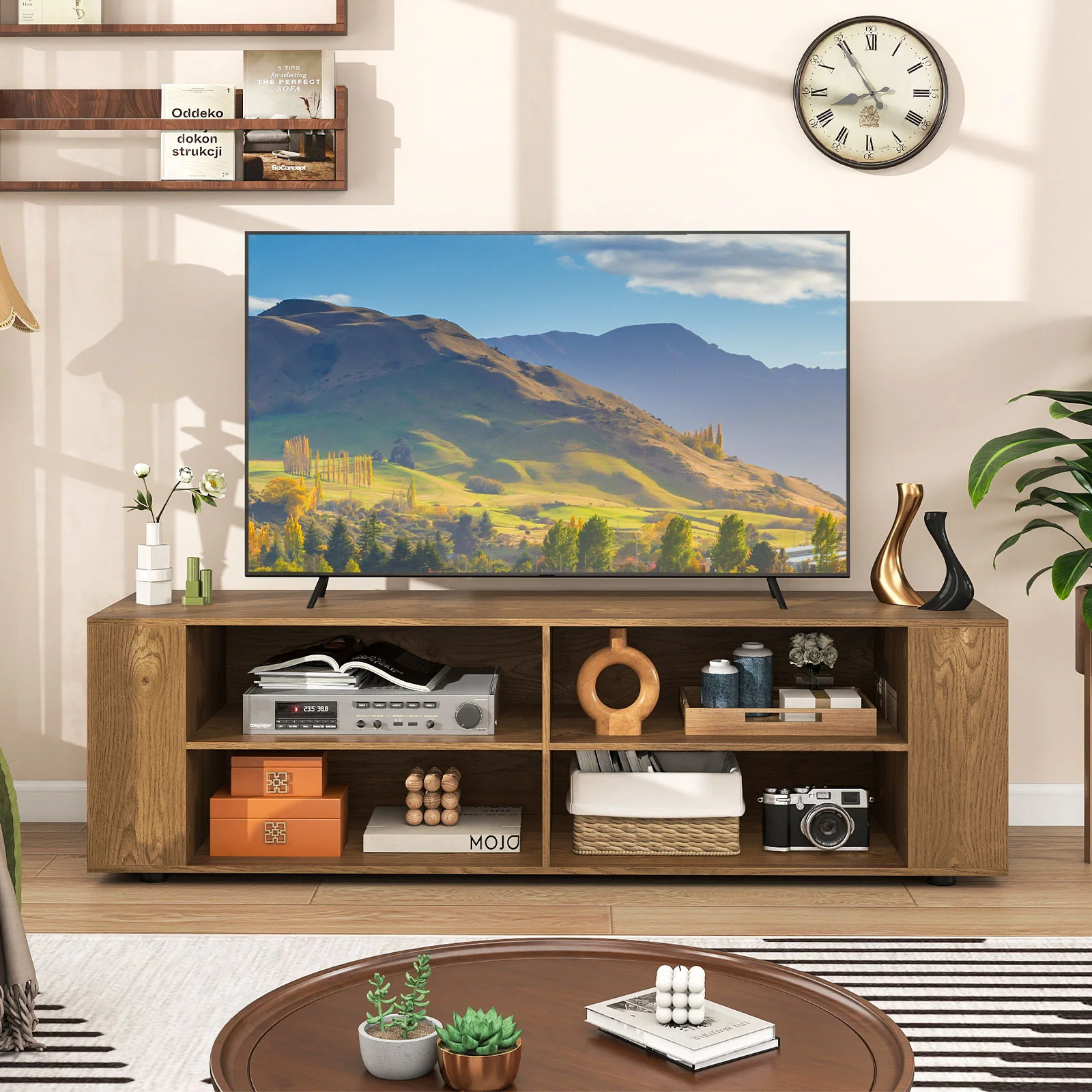 Modern TV Stand, Wood Storage Console Entertainment Center, Natural - Image 2