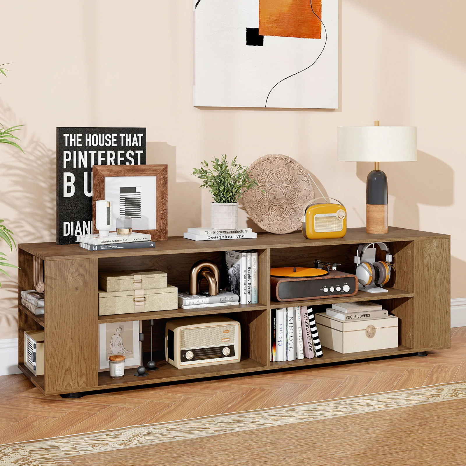 Modern TV Stand, Wood Storage Console Entertainment Center, Natural - Image 3