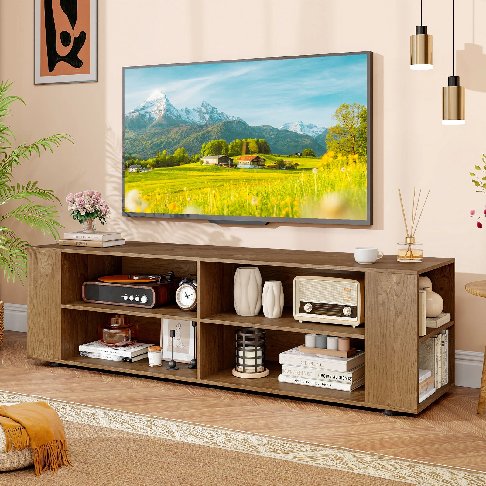 Modern TV Stand, Wood Storage Console Entertainment Center, Natural - Image 7