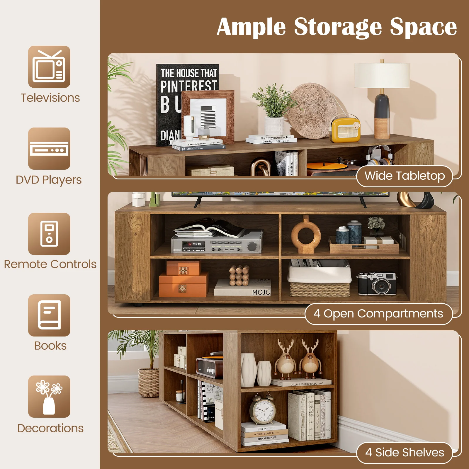 Modern TV Stand, Wood Storage Console Entertainment Center, Natural - Image 8