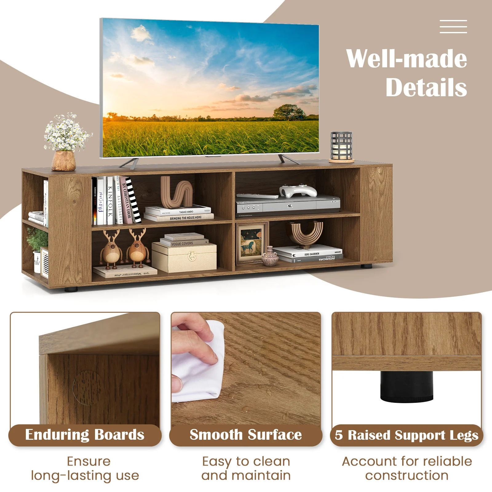 Modern TV Stand, Wood Storage Console Entertainment Center, Natural - Image 9