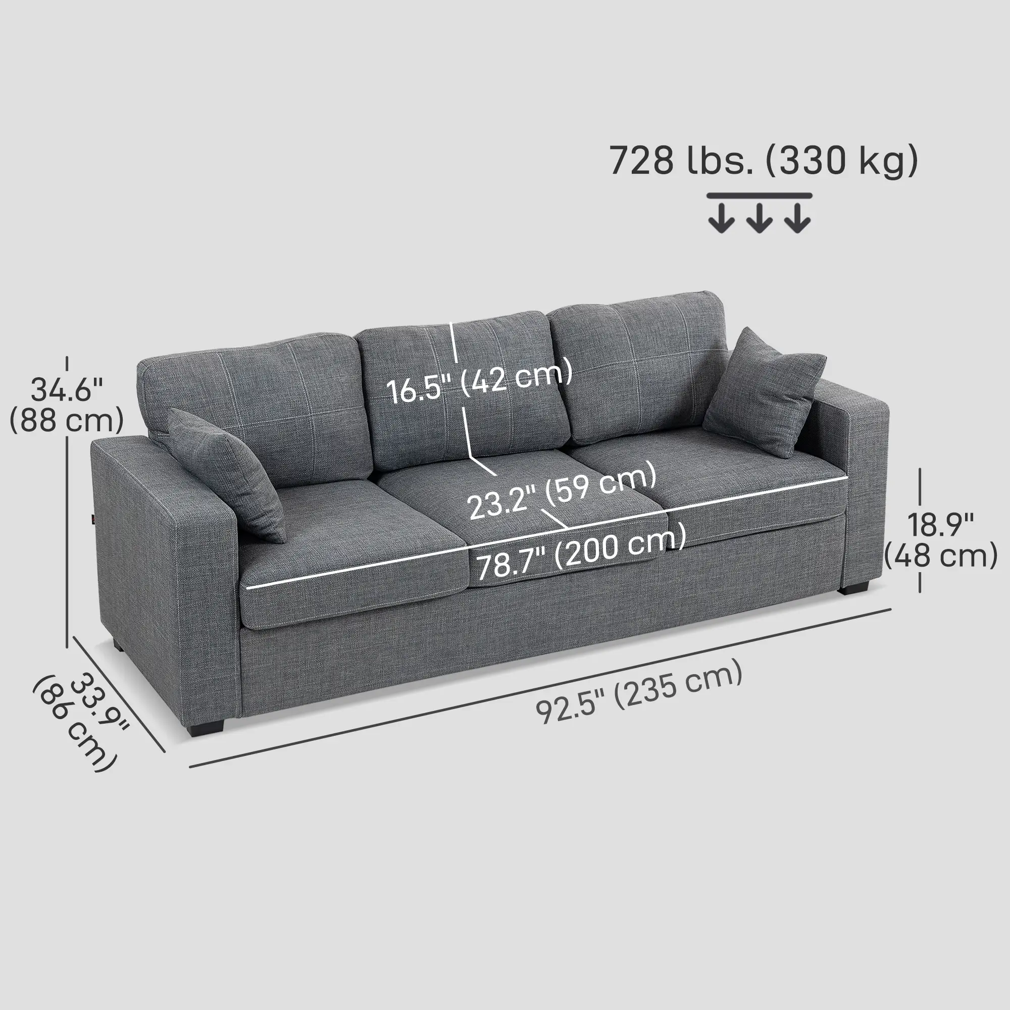 Modern Upholstered 3 Seater Sofa, Deep Seat, Dark Grey - Image 3