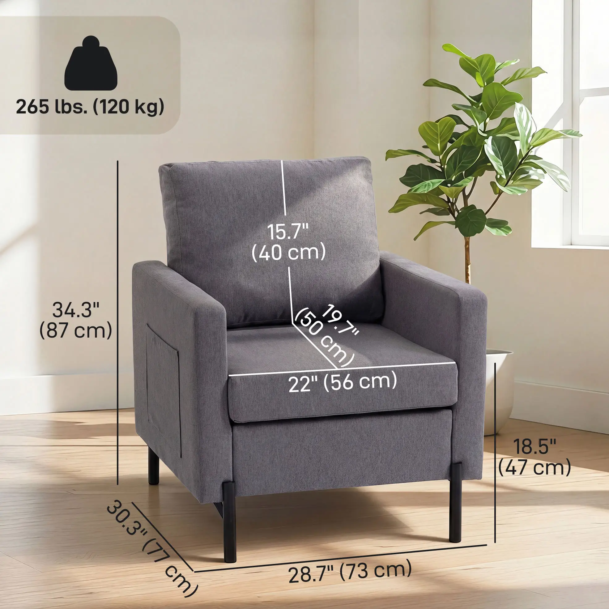 Modern Upholstered Armchair With Side Pockets, Cushion, Dark Grey - Image 3