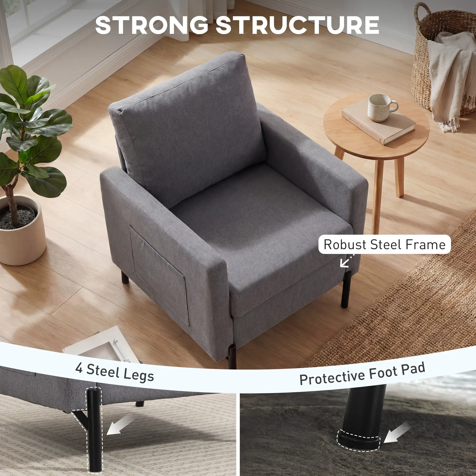Modern Upholstered Armchair With Side Pockets, Cushion, Dark Grey - Image 5