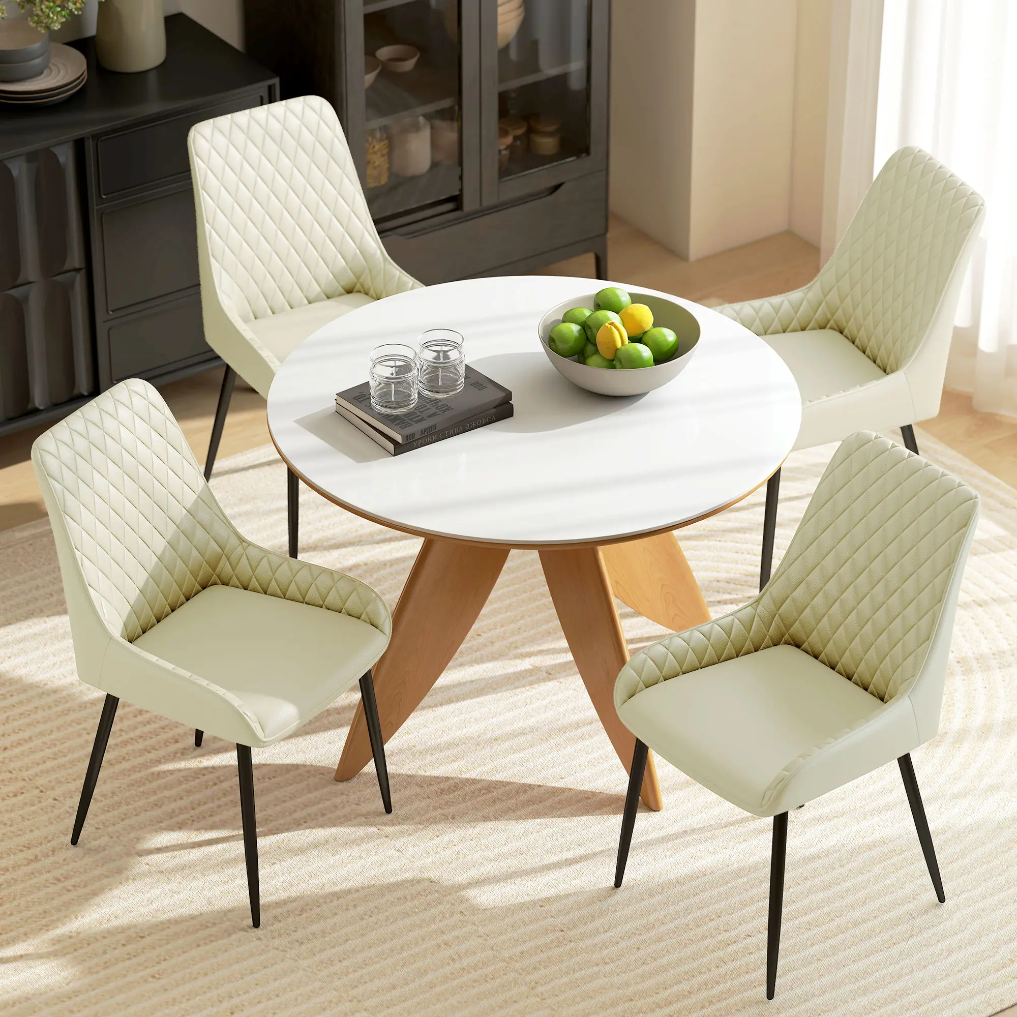 Modern Upholstered Dining Chairs, Set of 4, Diamond Tufting, Steel Legs, Cream - Image 10