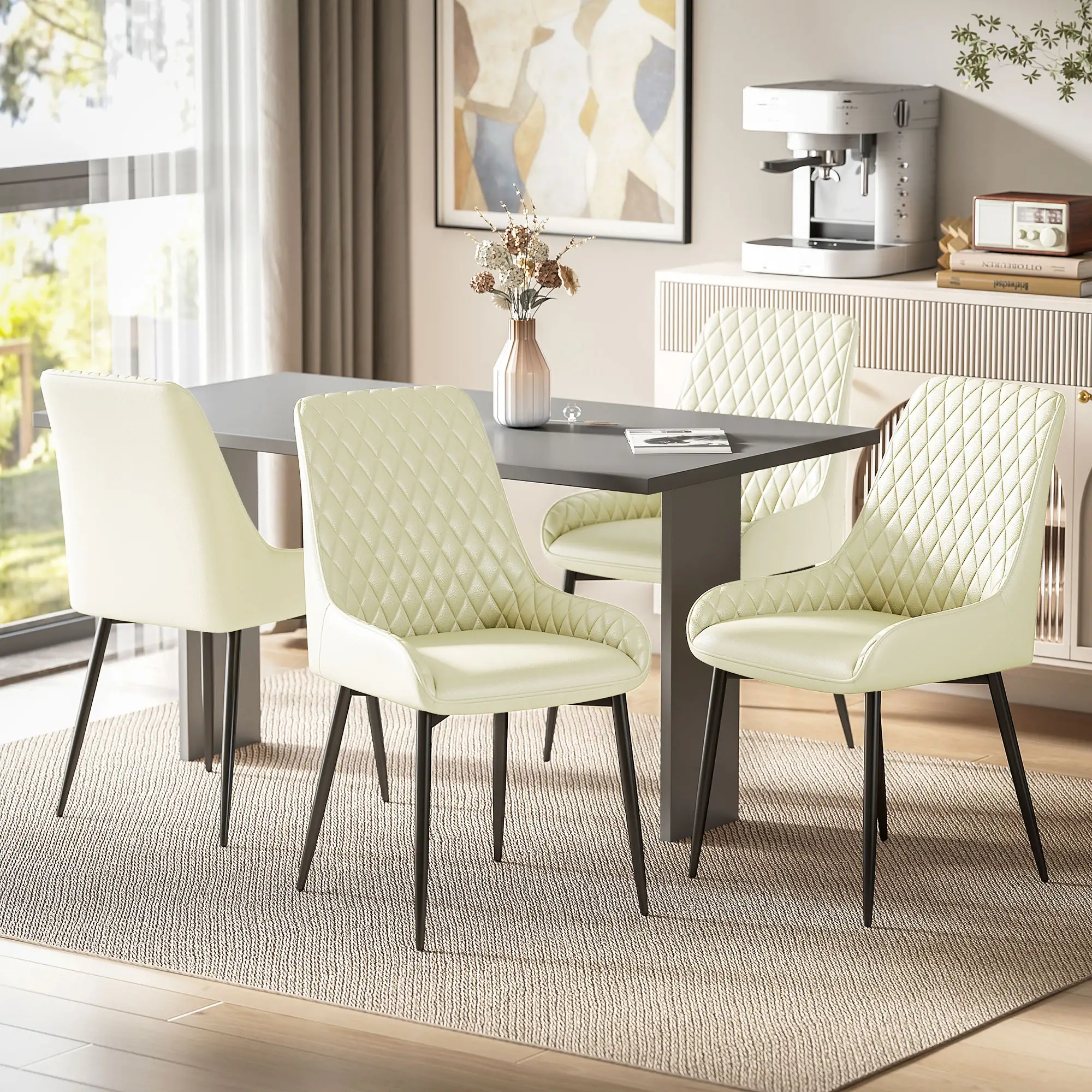 Modern Upholstered Dining Chairs, Set of 4, Diamond Tufting, Steel Legs, Cream - Image 2