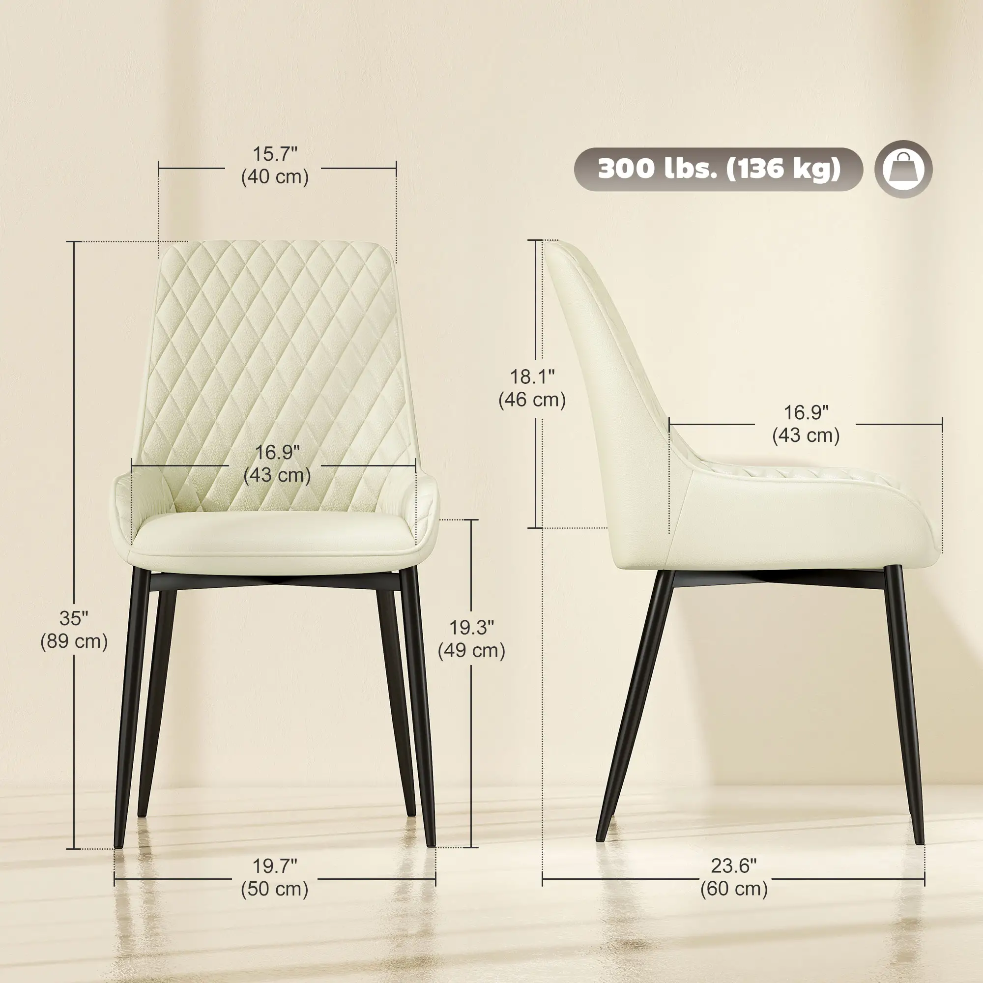 Modern Upholstered Dining Chairs, Set of 4, Diamond Tufting, Steel Legs, Cream - Image 3
