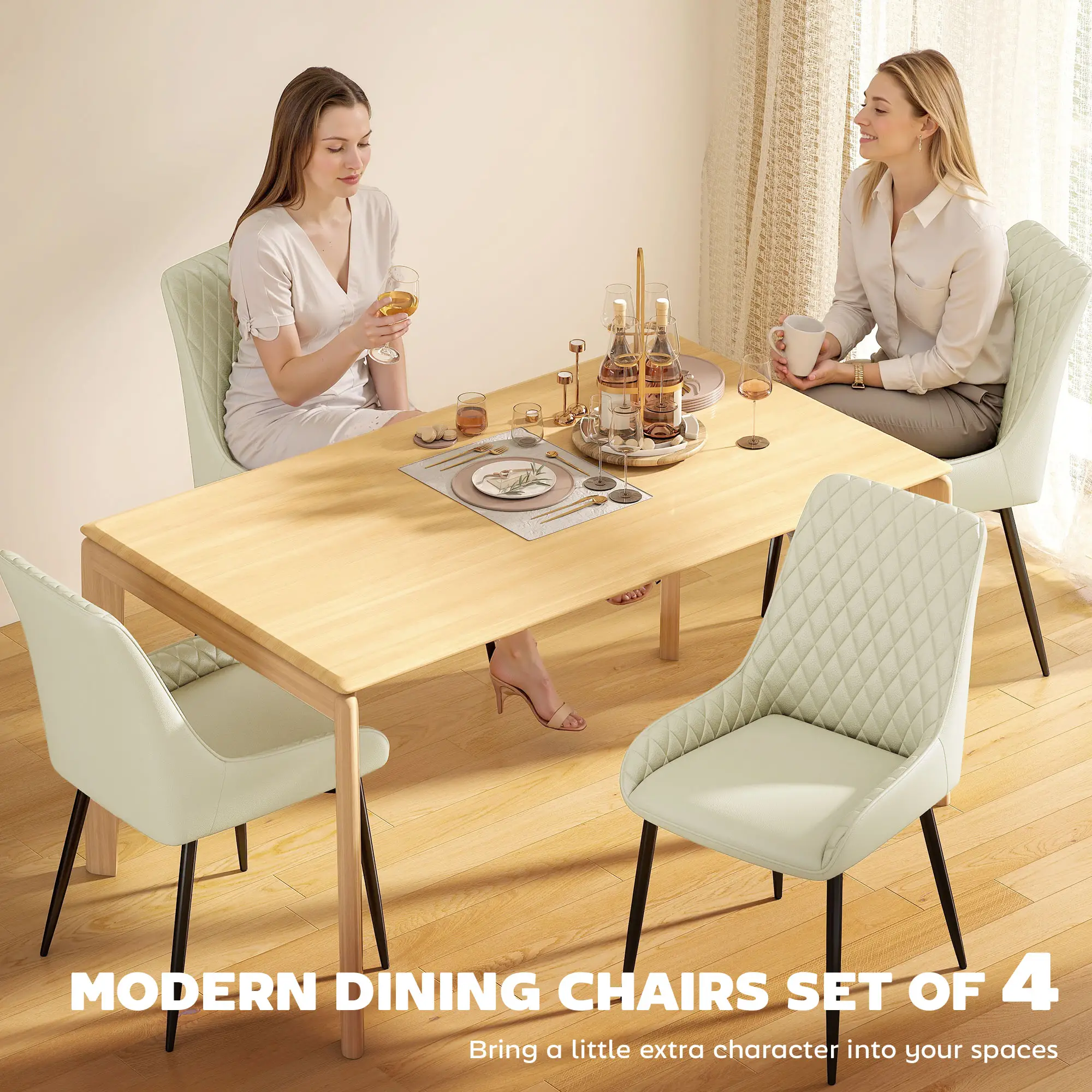 Modern Upholstered Dining Chairs, Set of 4, Diamond Tufting, Steel Legs, Cream - Image 4