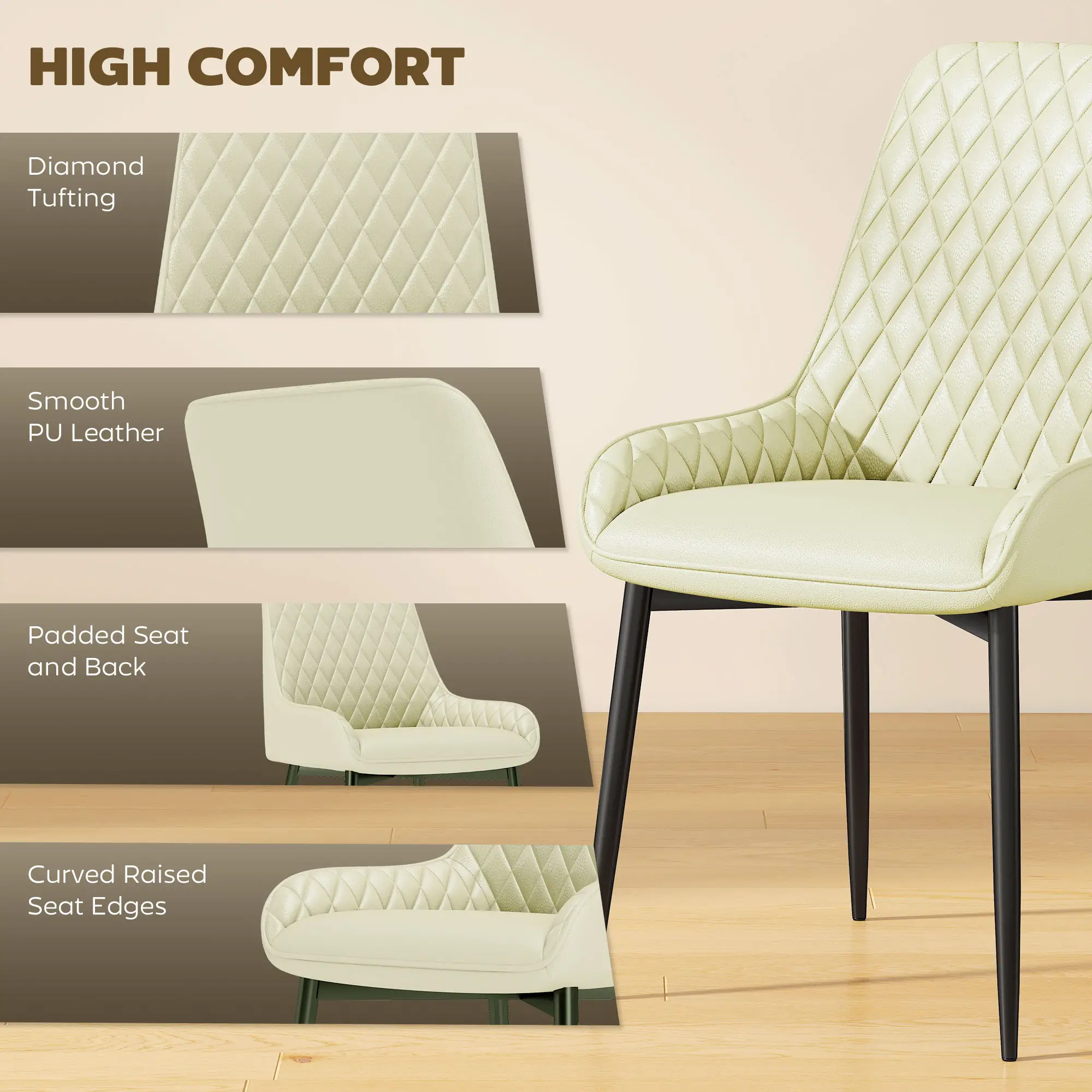 Modern Upholstered Dining Chairs, Set of 4, Diamond Tufting, Steel Legs, Cream - Image 5
