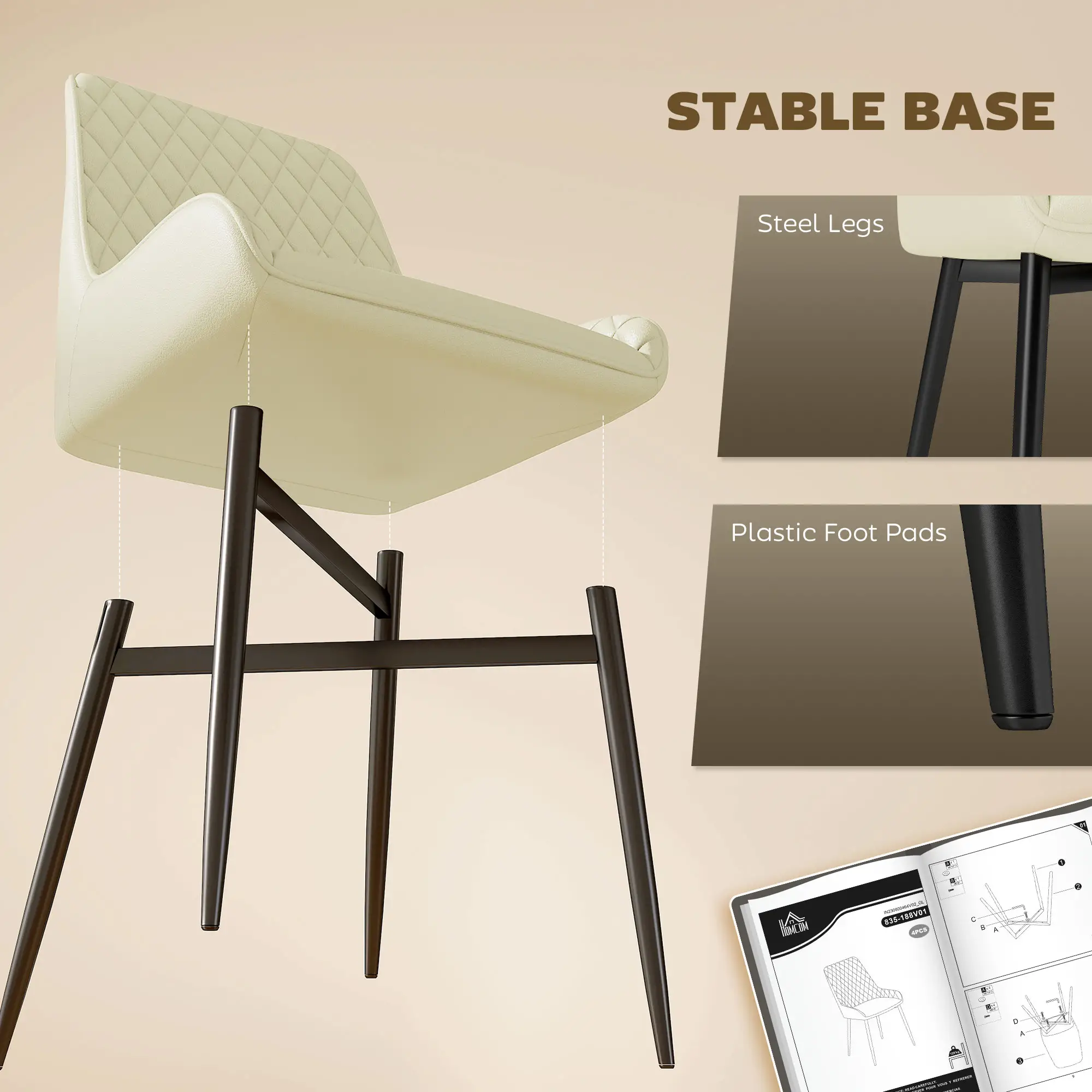 Modern Upholstered Dining Chairs, Set of 4, Diamond Tufting, Steel Legs, Cream - Image 6