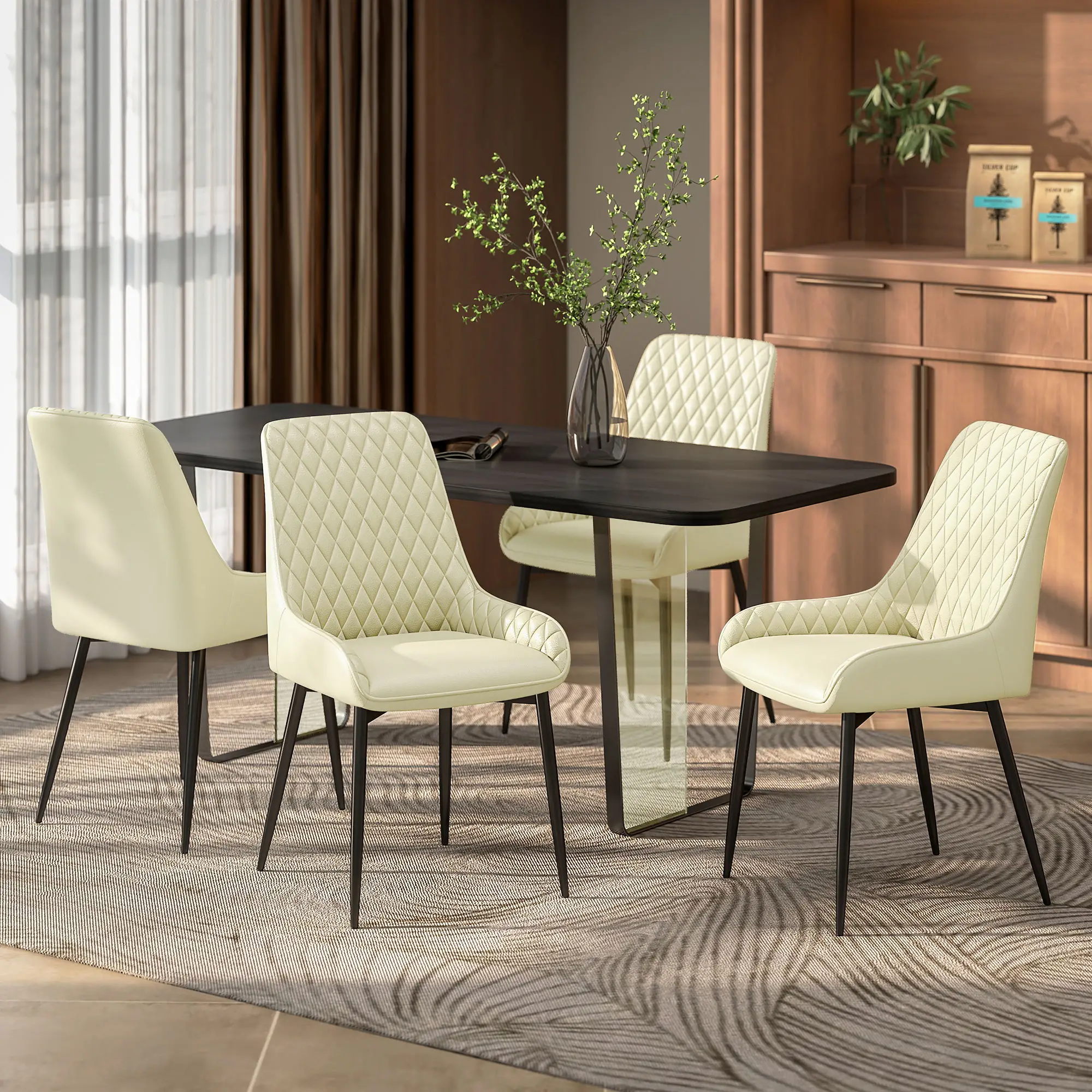Modern Upholstered Dining Chairs, Set of 4, Diamond Tufting, Steel Legs, Cream - Image 8