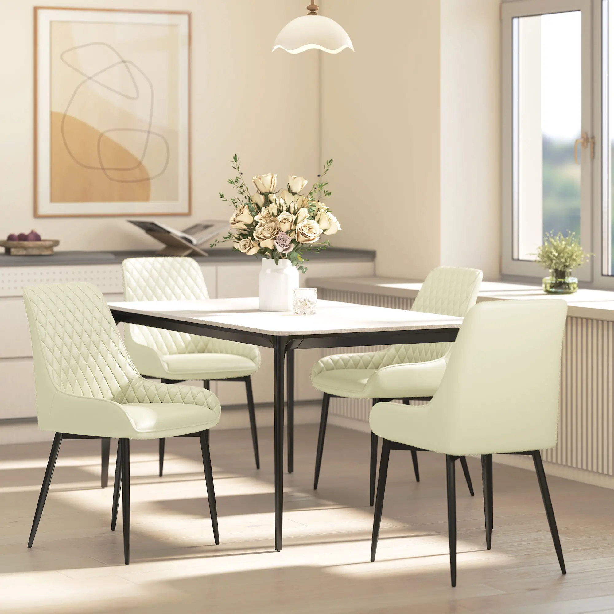 Modern Upholstered Dining Chairs, Set of 4, Diamond Tufting, Steel Legs, Cream - Image 9