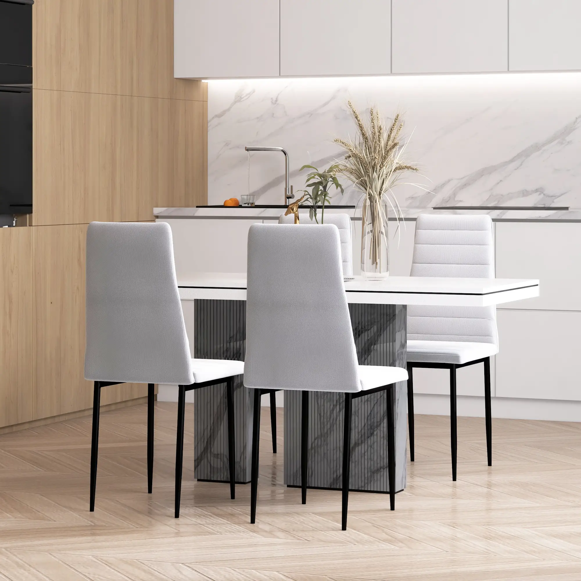 Modern Upholstered Dining Chairs, Set of 4, Linen Fabric, Metal Legs, White - Image 2